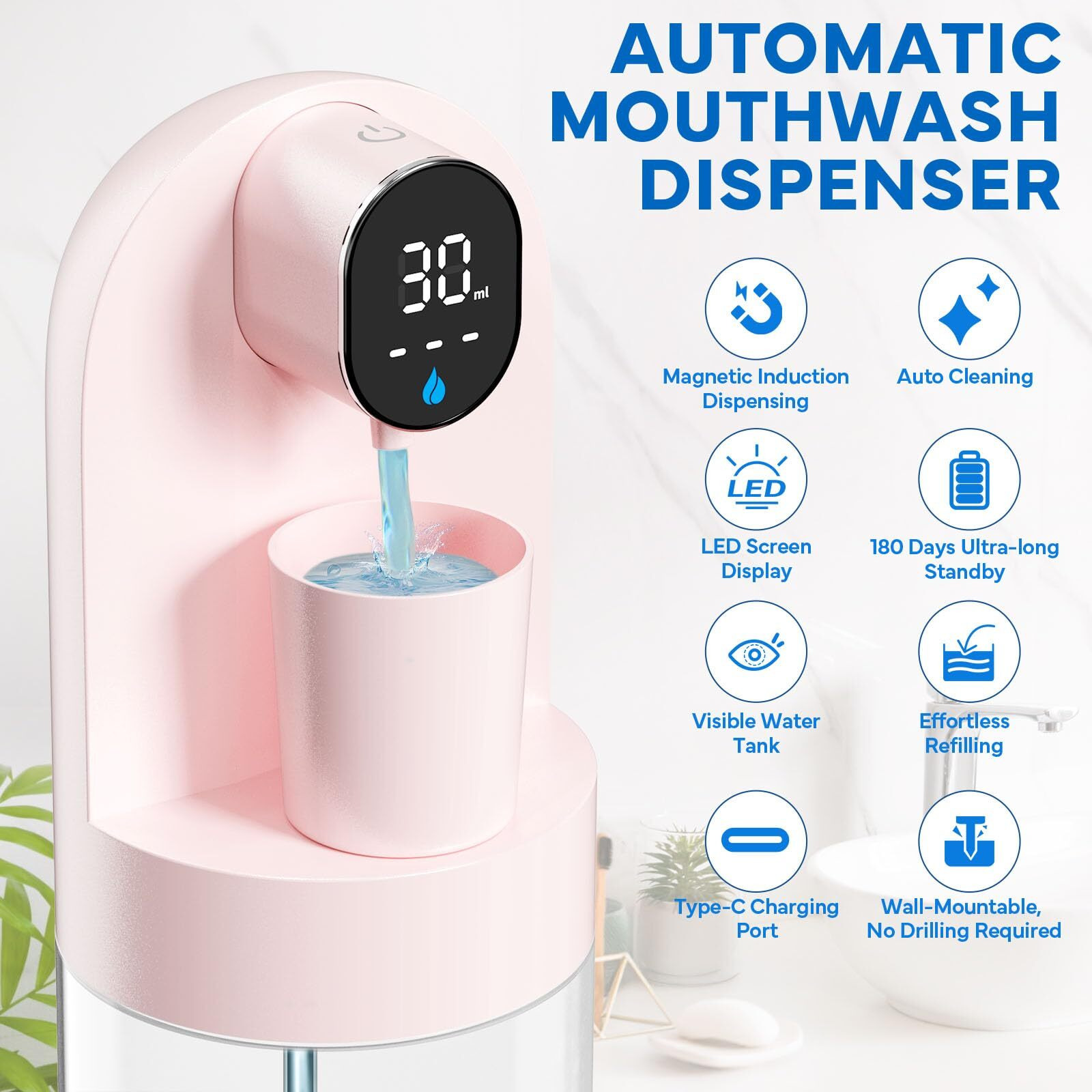 Automatic Mouthwash Dispenser For Bathroom, Bathroom Accessories 21.12 Oz(600 Ml) Touchless Smart Mouth Wash Dispenser With 4 Magnetic Cups &4 Dispensing Levels, Suitable For All Age Groups(Pink)