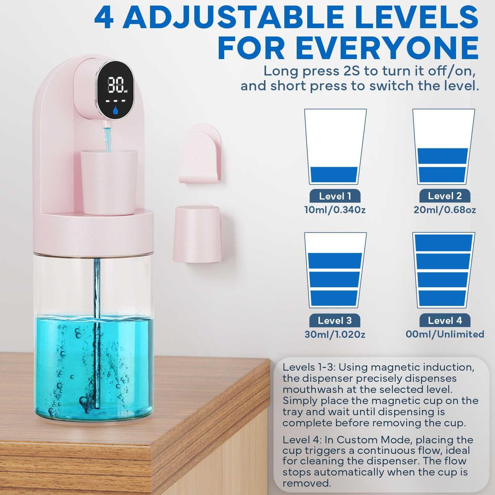 Automatic Mouthwash Dispenser For Bathroom, Bathroom Accessories 21.12 Oz(600 Ml) Touchless Smart Mouth Wash Dispenser With 4 Magnetic Cups &4 Dispensing Levels, Suitable For All Age Groups(Pink)