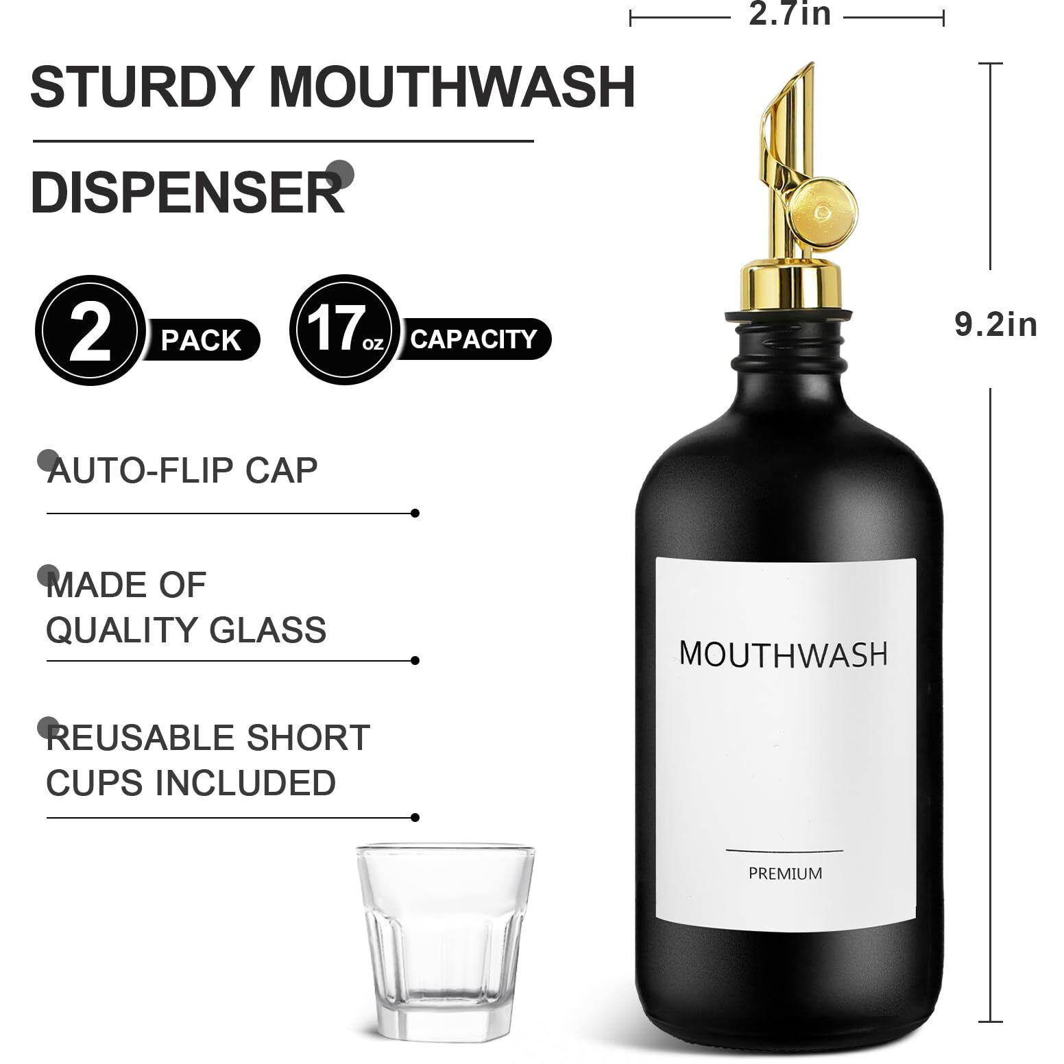 Toldatli Mouthwash Dispenser For Bathroom, 2 Pack Black Glass Mouth Wash Container With Cup, 17 Fl Oz Mouth Wash Decanter Bottle Set, Refillable Mouthwash Pump Dispenser
