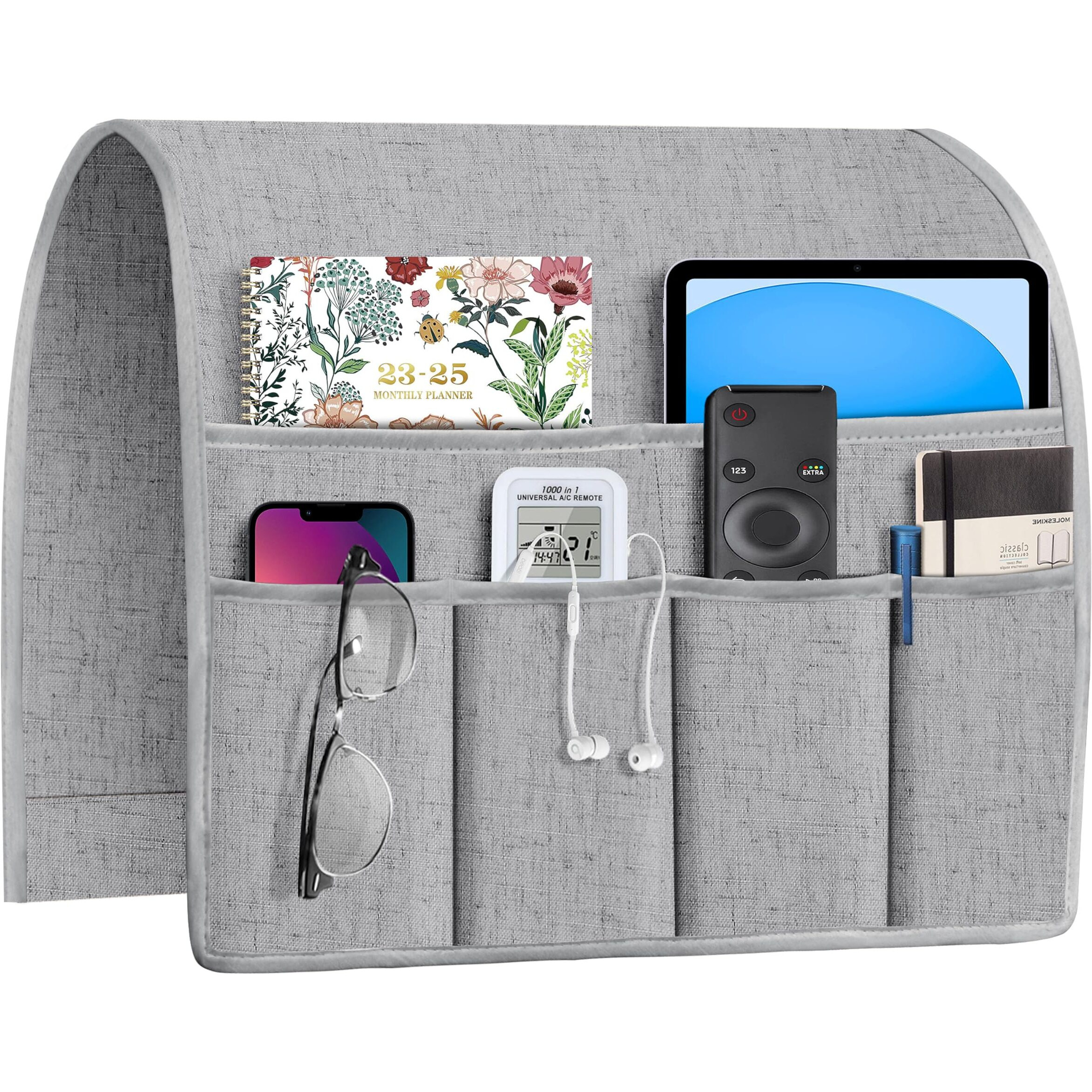 Joywell Remote Holder For Recliner Armchair Caddy Couch Armrest Non Slip Sofa Arm Chair Caddie With 6 Pocket For Magazine, Tablet, Phone, Ipad, Think Linen, Light Grey