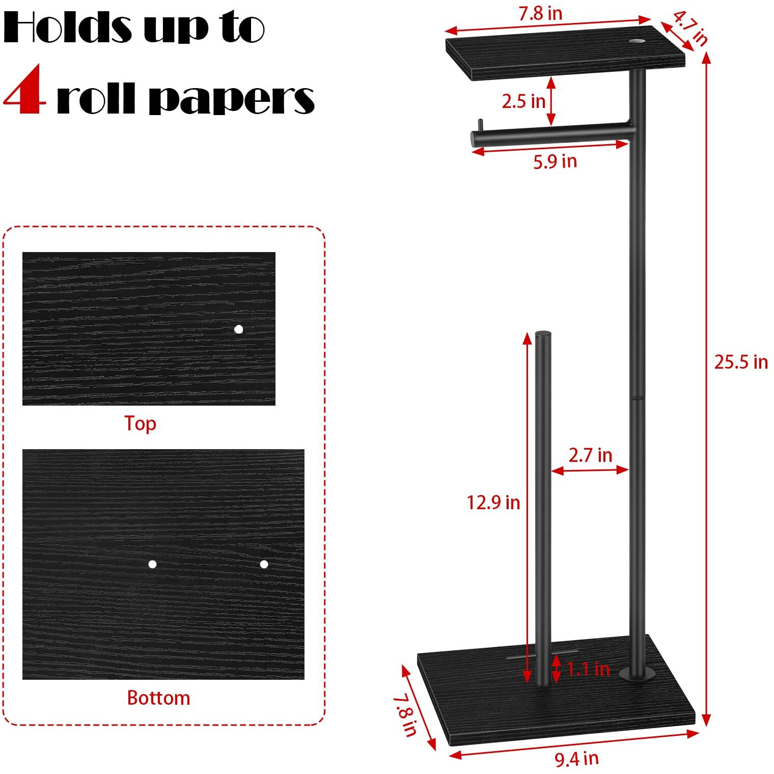Black Toilet Paper Holder Stand Free Standing Toilet Paper Holder With Shelf Toilet Paper Storage Holder With Reserve For Bathroom Holds Wipe, Mobile Phone, Mega Rolls