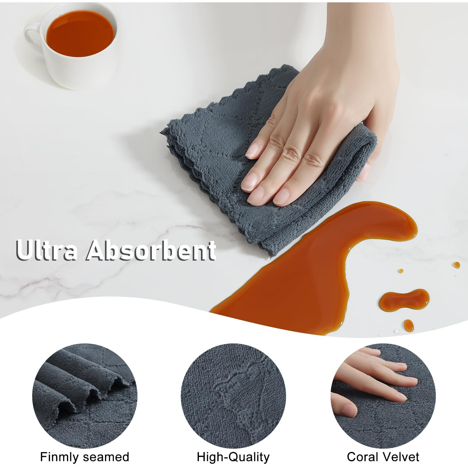 Homaxy Kitchen Towels And Dishcloths Set, 10 X 10 And 13 X 19 Inches, Set Of 12 Super Soft And Absorbent Coral Velvet Kitchen Towels, No Lint And Nonstick Oil Fast Drying Dish Towel, Dark Grey