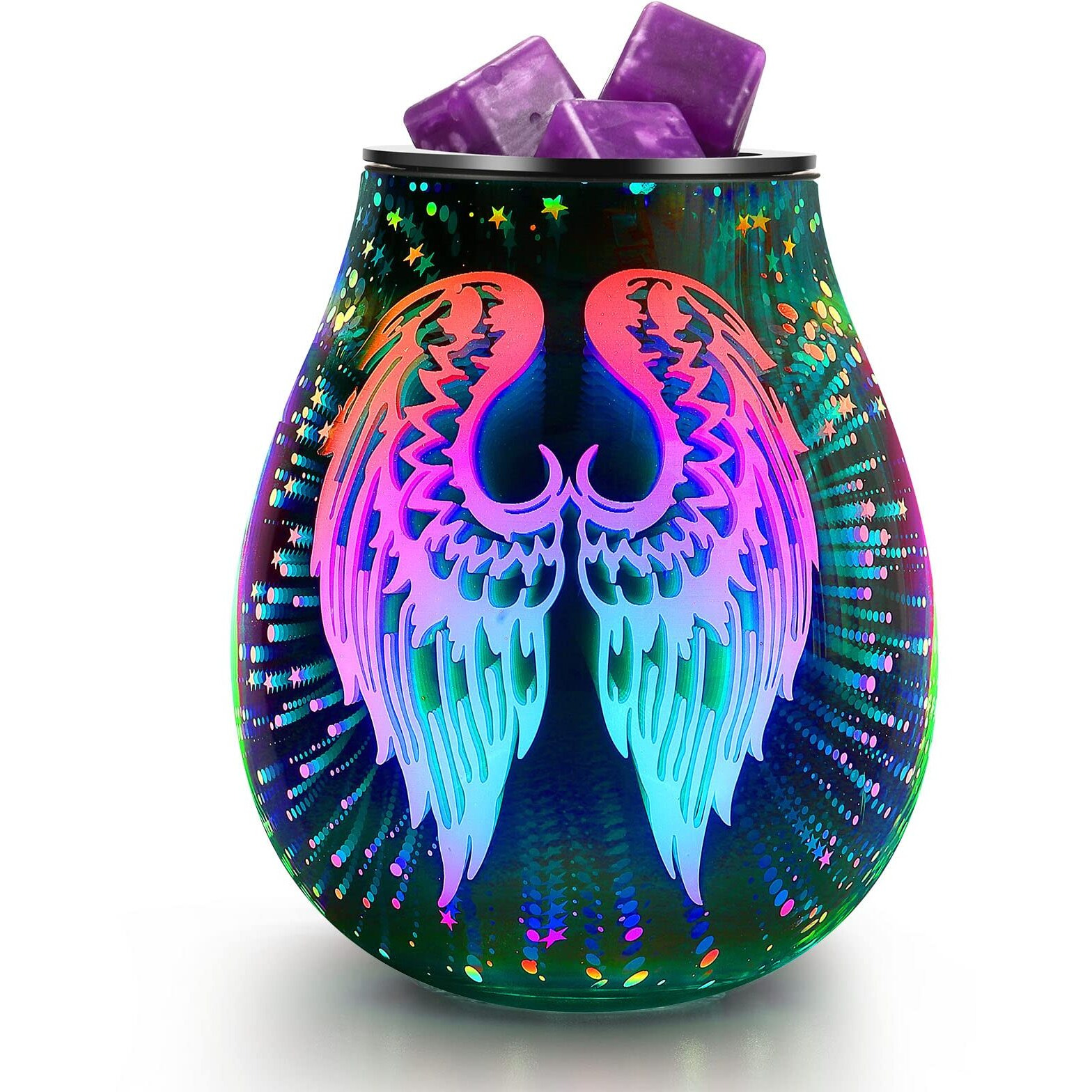 Inrorans 3D Angel Wings Glass Aroma Electric Wax Melt Warmer With Led 7 Colour Changing Light Ptc Heating Removable Silicone Tray Oil Burner For Home