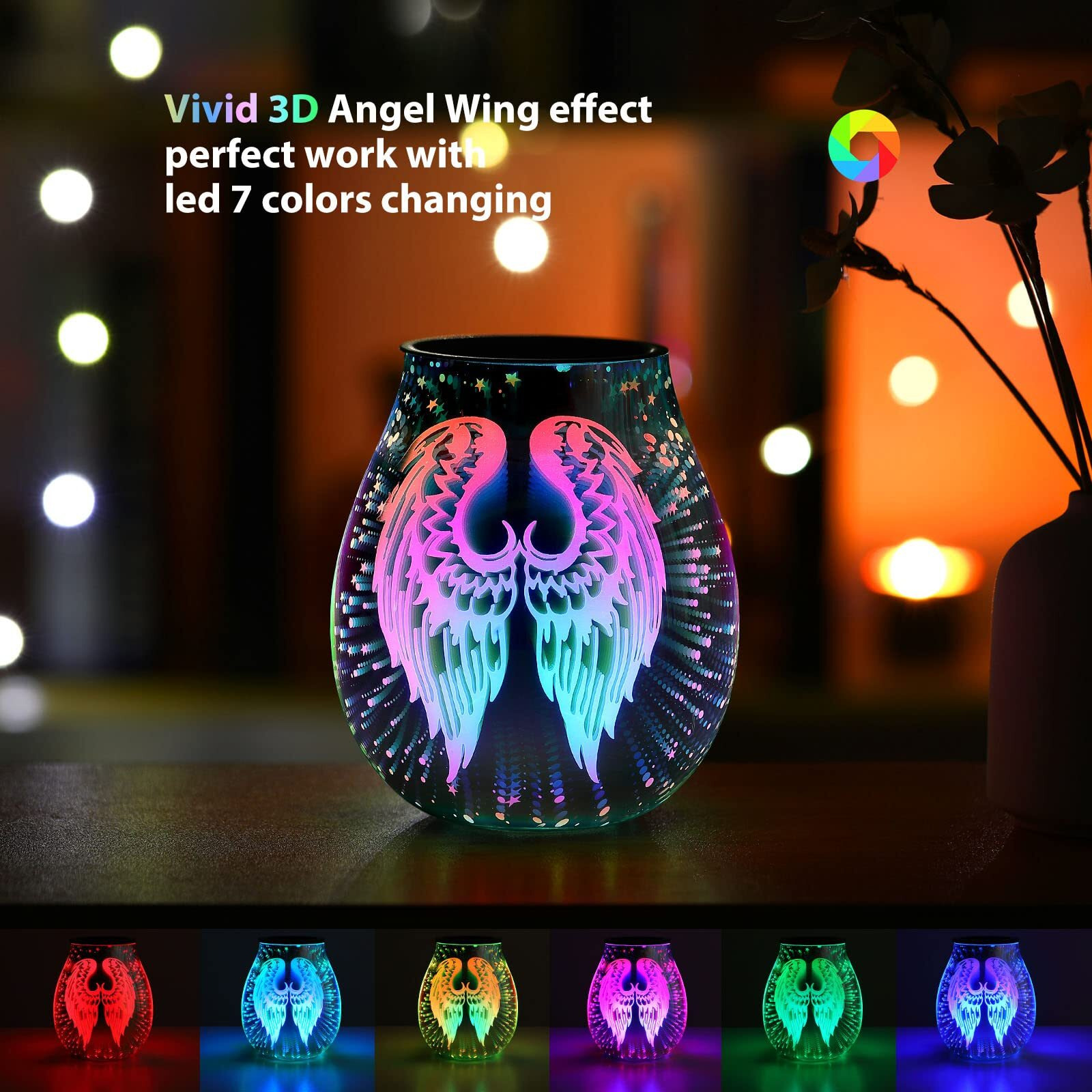 Inrorans 3D Angel Wings Glass Aroma Electric Wax Melt Warmer With Led 7 Colour Changing Light Ptc Heating Removable Silicone Tray Oil Burner For Home
