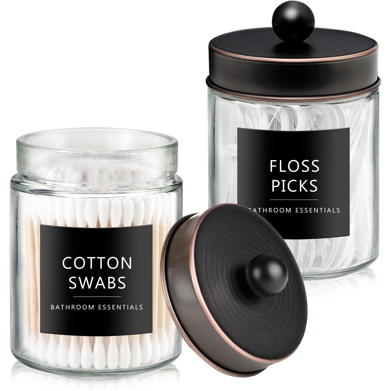 Sheechung Qtip Dispenser Holder 2Pcs, Glass Apothecary Jars With Stainless Steel Lids &Stickers, Countertop Canister Bathroom Storage Organizer Set For Cotton Swabs, Floss Picks(Oil Rubbed Bronze)