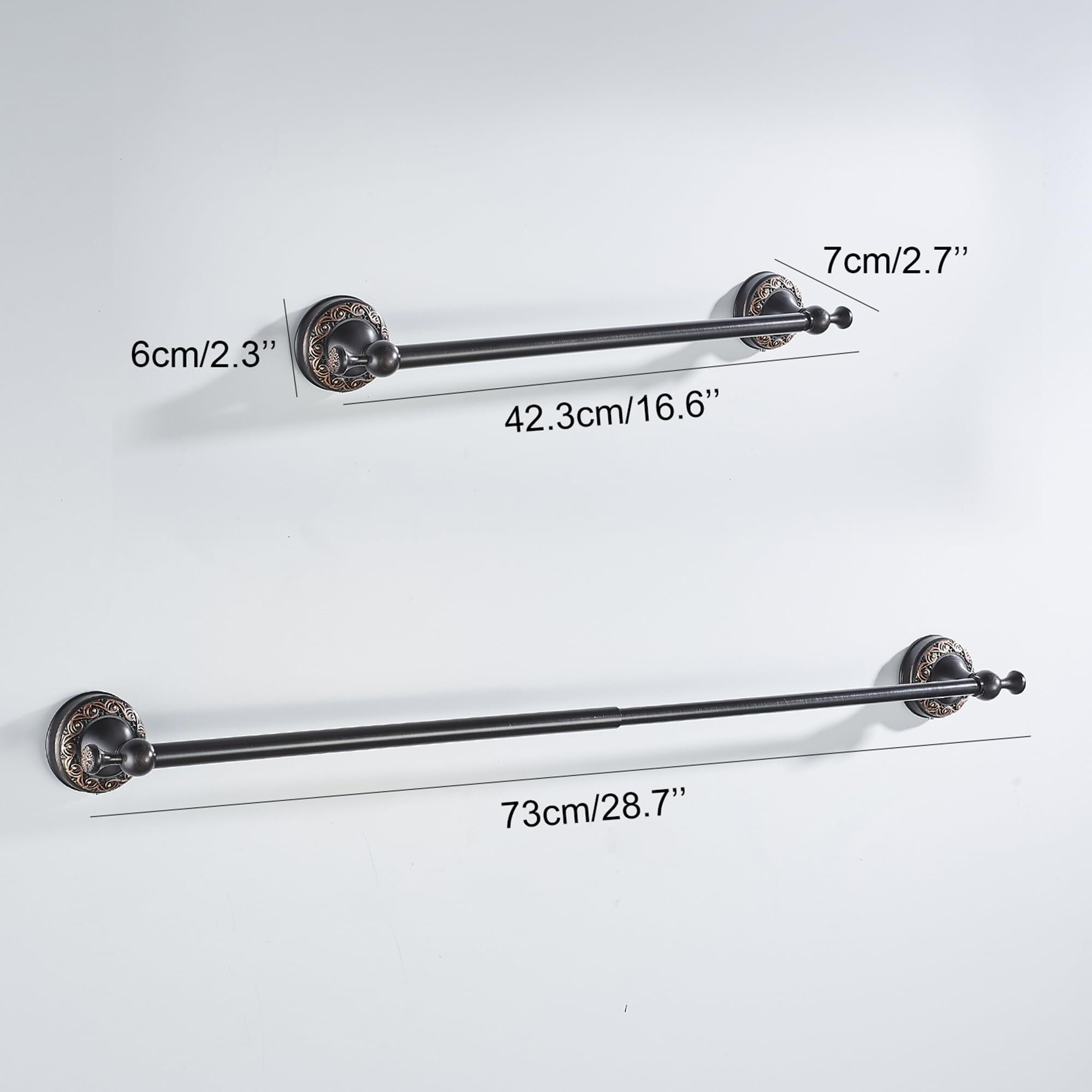 Oil Rubble Bronze Brass Single Towel Bar, Adjustable 15.5 To 27.5 Inch Bath Towel Bar Rack For Bathroom Towel Holder, Wall Mounted Black Bathroom Hardware Accessories,Pattern Carving Design