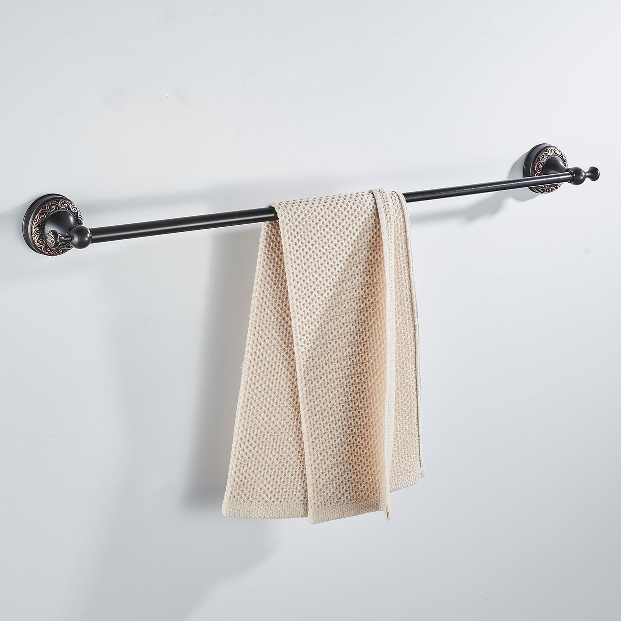 Oil Rubble Bronze Brass Single Towel Bar, Adjustable 15.5 To 27.5 Inch Bath Towel Bar Rack For Bathroom Towel Holder, Wall Mounted Black Bathroom Hardware Accessories,Pattern Carving Design
