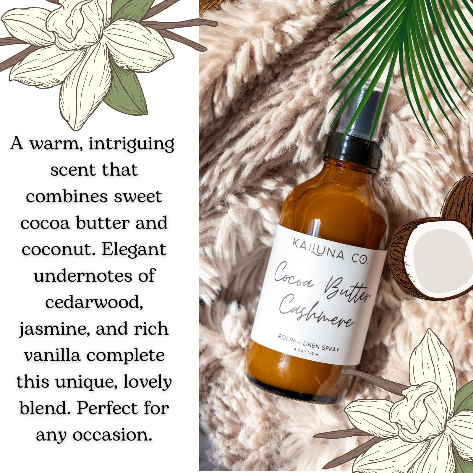 Kailuna Co. Cocoa Butter Cashmere Artisan Natural Room And Linen Spray With Pure Essential Oils, Small Batch, Made In California (4 Oz)