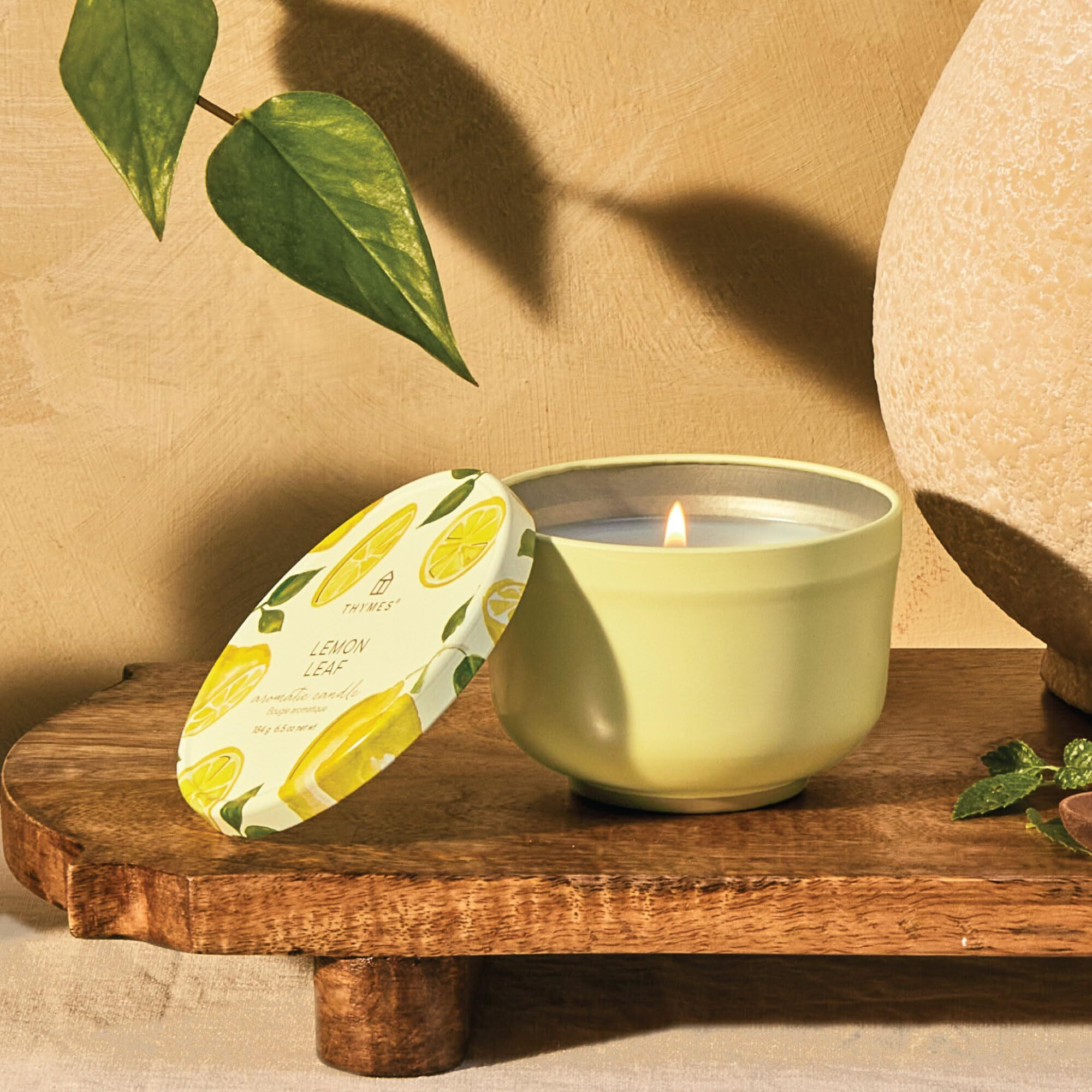 Thymes Scented Candles For Women & Men - Tin With Lid - Luxury Home Decor - Citrus Candles With Notes Of Lemon Verbena, White Wood Accord, Lily Of The Valley & Bergamot Oil (Lemon Leaf, 6.5 Oz)