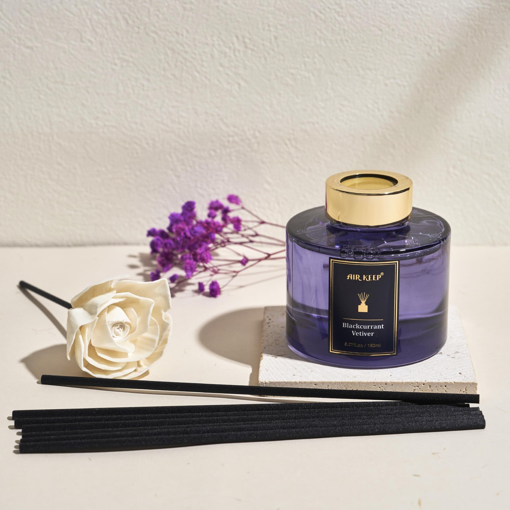Airkeep Flower Reed Diffusers Set, 5.07 Oz Blackcurrant Vetiver Scented Oil Diffuser With 8 Reed Sticks, Home Fragrance Diffuser Gift Set For Bathroom & Office Decor 150Ml