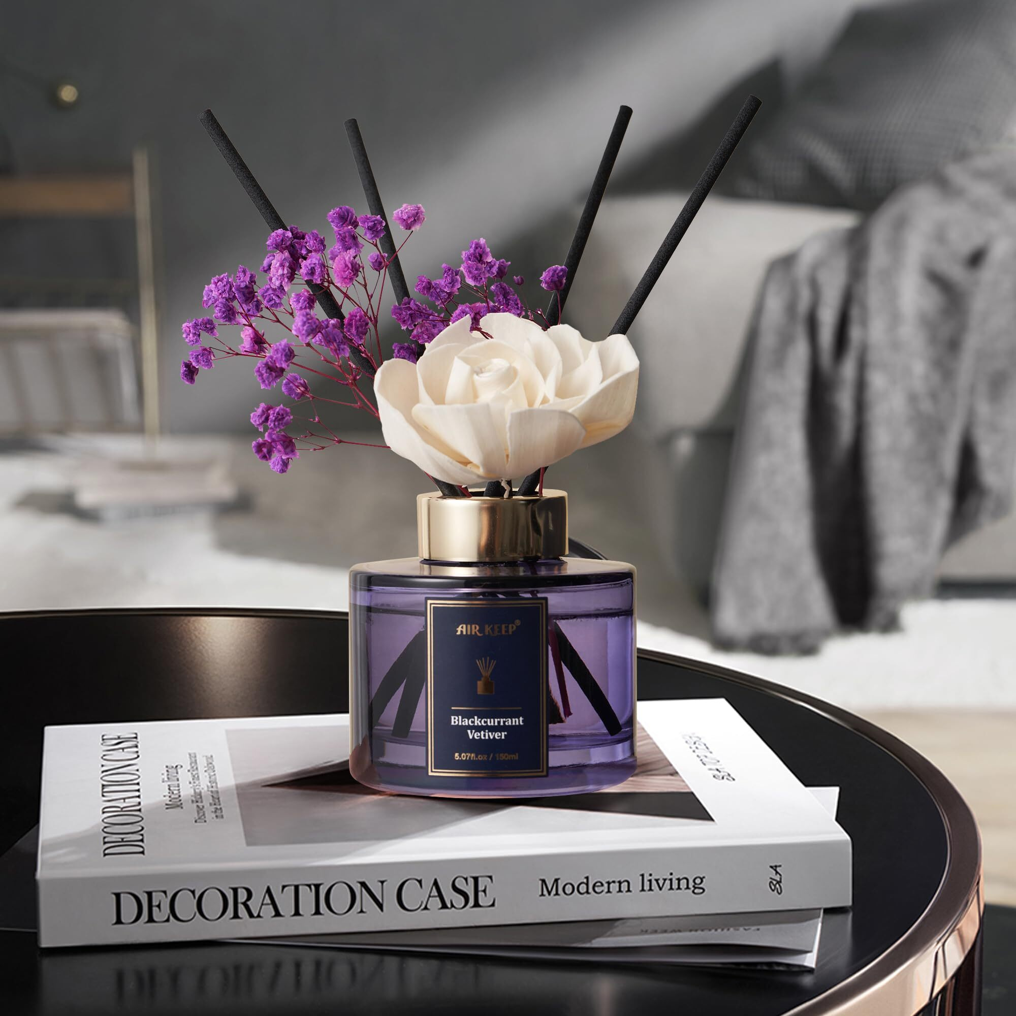 Airkeep Flower Reed Diffusers Set, 5.07 Oz Blackcurrant Vetiver Scented Oil Diffuser With 8 Reed Sticks, Home Fragrance Diffuser Gift Set For Bathroom & Office Decor 150Ml