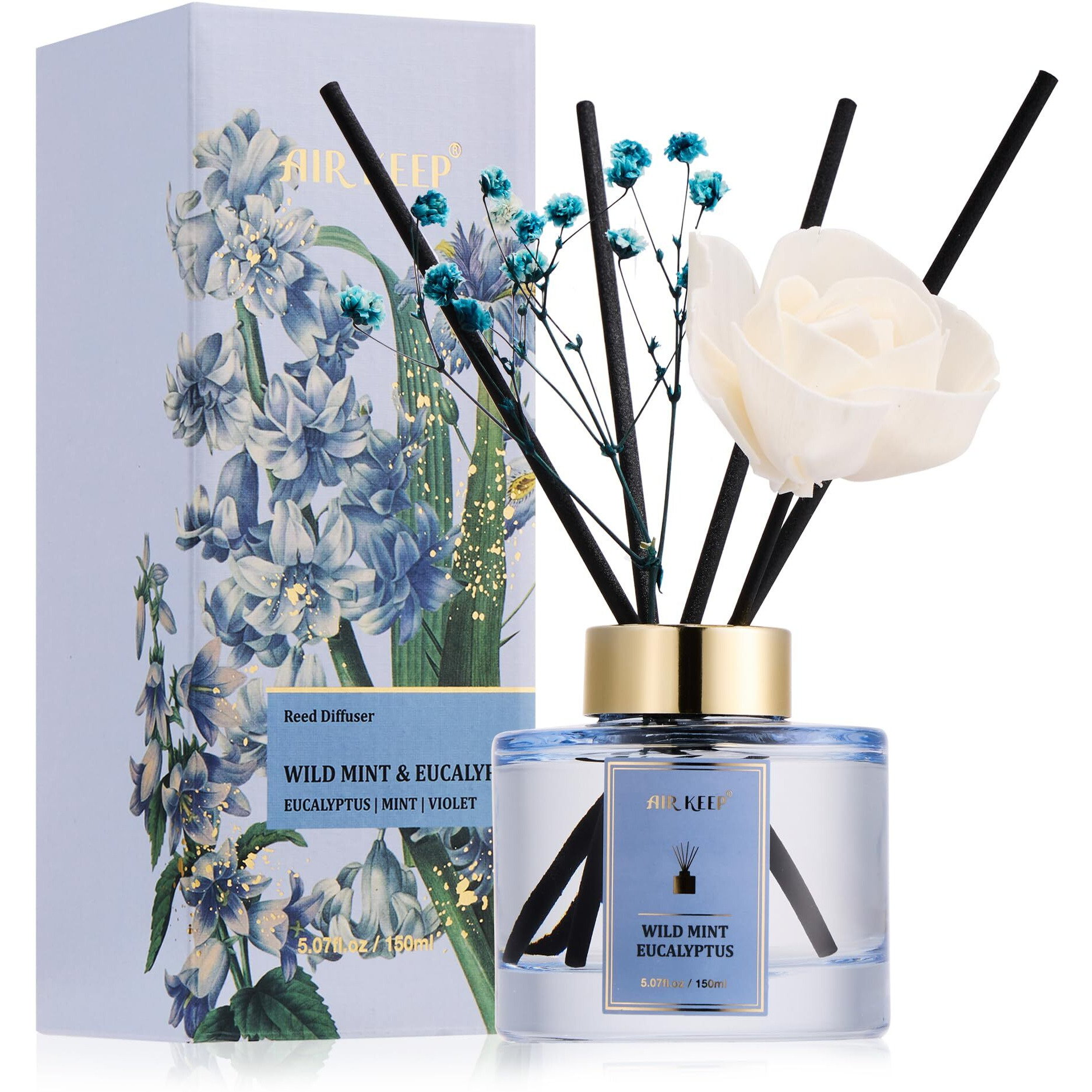 Airkeep Flower Reed Diffusers Set, 5.07 Oz Wild Mint&Eucalyptus Scented Oil Diffuser With 8 Reed Sticks, Home Fragrance Diffuser Gift Set For Bathroom & Office Decor 150Ml