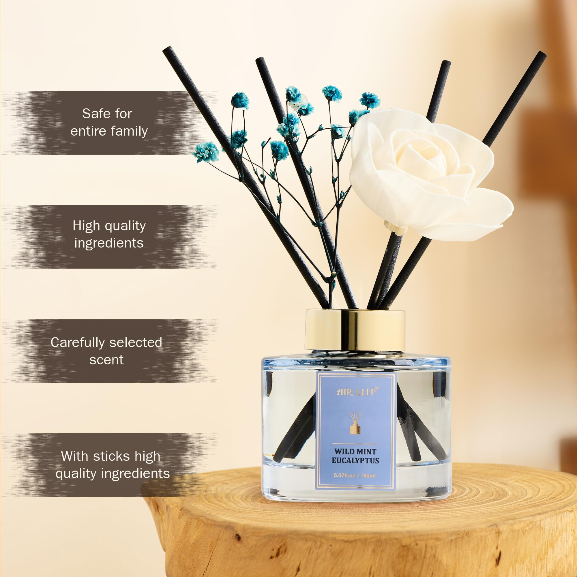 Airkeep Flower Reed Diffusers Set, 5.07 Oz Wild Mint&Eucalyptus Scented Oil Diffuser With 8 Reed Sticks, Home Fragrance Diffuser Gift Set For Bathroom & Office Decor 150Ml