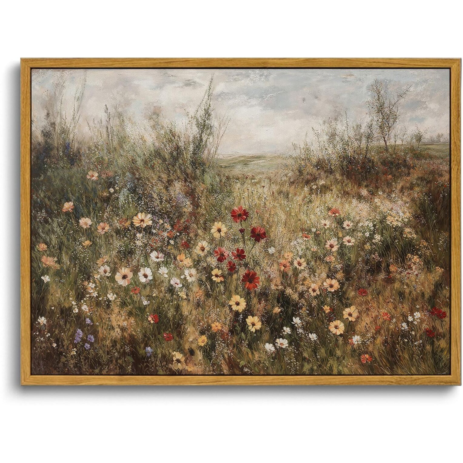 Oiqartoiq Vintage Wildflowers Landscape Wall Art Framed Floral Natural Scenery Oil Painting Canvas Prints Country Farmhouse Rustic Fall Decor Pictures Kitchen Bedroom Living Room Bathroom