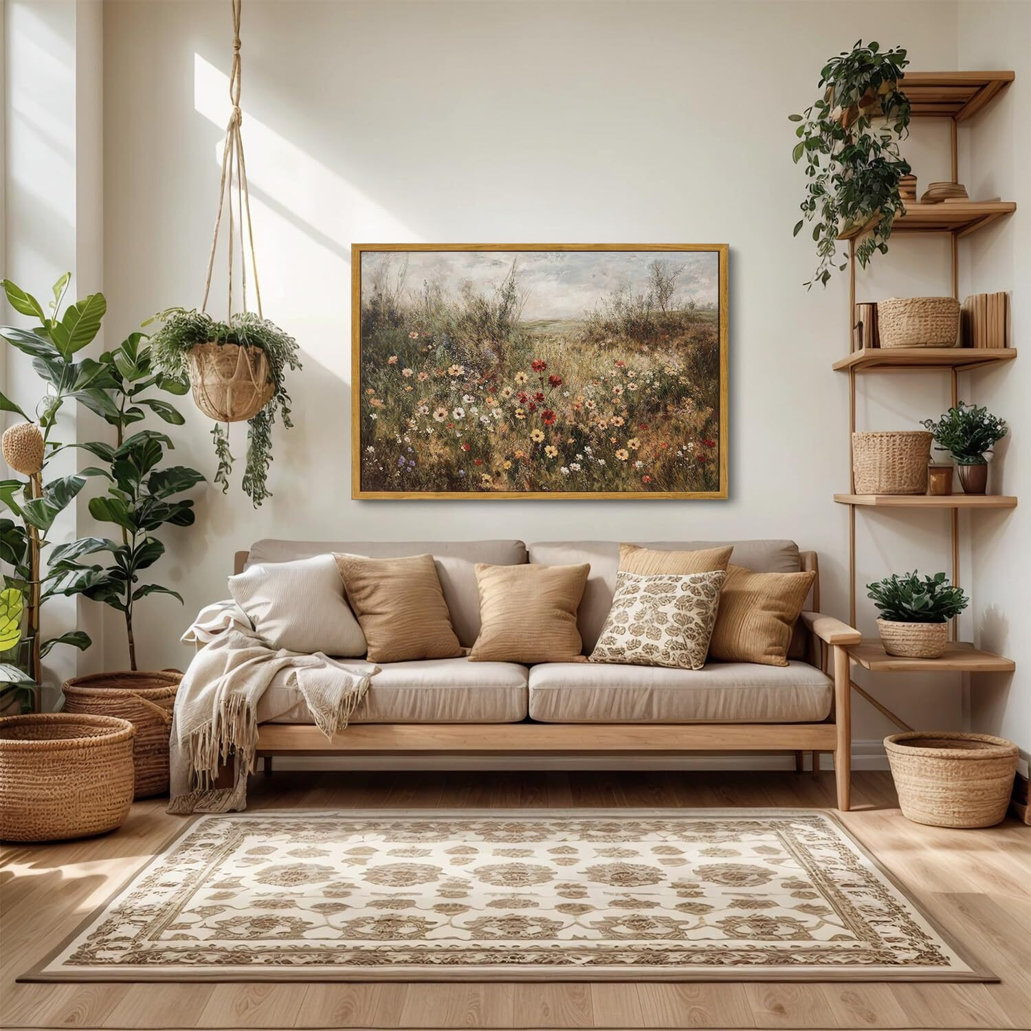 Oiqartoiq Vintage Wildflowers Landscape Wall Art Framed Floral Natural Scenery Oil Painting Canvas Prints Country Farmhouse Rustic Fall Decor Pictures Kitchen Bedroom Living Room Bathroom