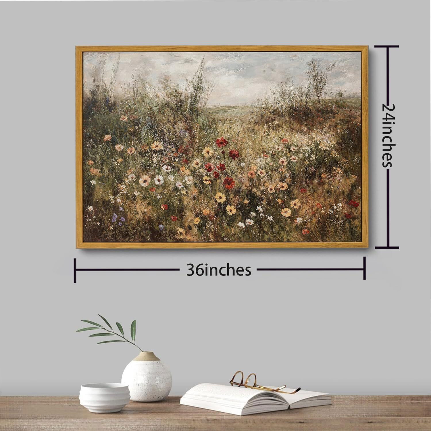 Oiqartoiq Vintage Wildflowers Landscape Wall Art Framed Floral Natural Scenery Oil Painting Canvas Prints Country Farmhouse Rustic Fall Decor Pictures Kitchen Bedroom Living Room Bathroom