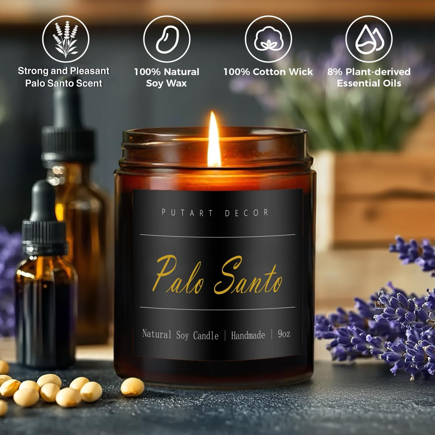 Putart Palo Santo Highly Scented Candle For Home, 9Oz Natural Soy Aromatherapy Non Toxic Candles With Essential Oil, Home Fragrance Stress Relief & Meditation Jar Candles Gifts For Women & Men
