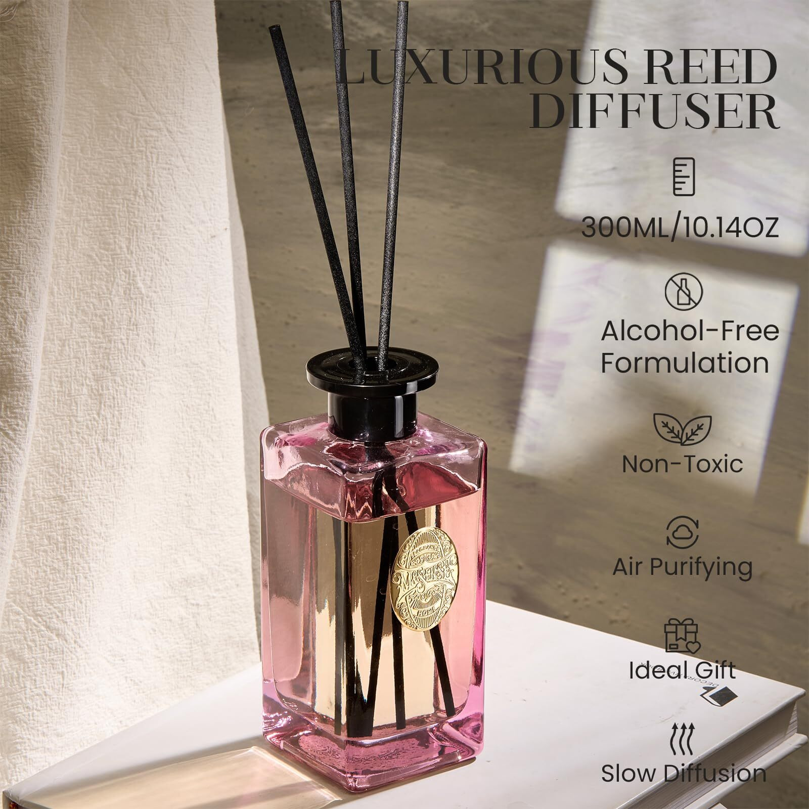 M&Sense 10.14 Oz Large Reed Diffuser Set | Ginger & Ylang Ylang Scent Oil Diffuser With Sticks | Hotel Collection Non-Toxic Essential Oil |For Bedroom Bathroom Living Room