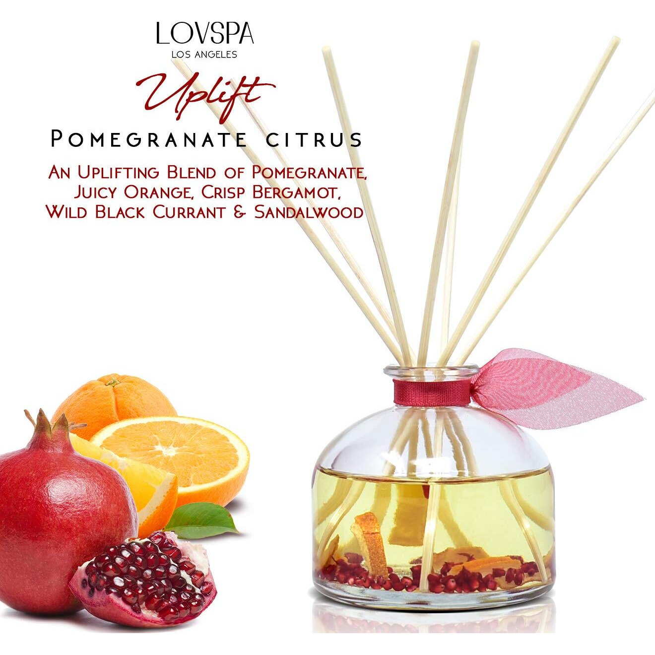Lovspa Uplift Pomegranate & Citrus Essential Oil Aromatherapy Reed Diffuser Set - Scented Reed Sticks - Juicy Orange, Bergamot, Black Currant & Sandalwood W/Real Orange Slices