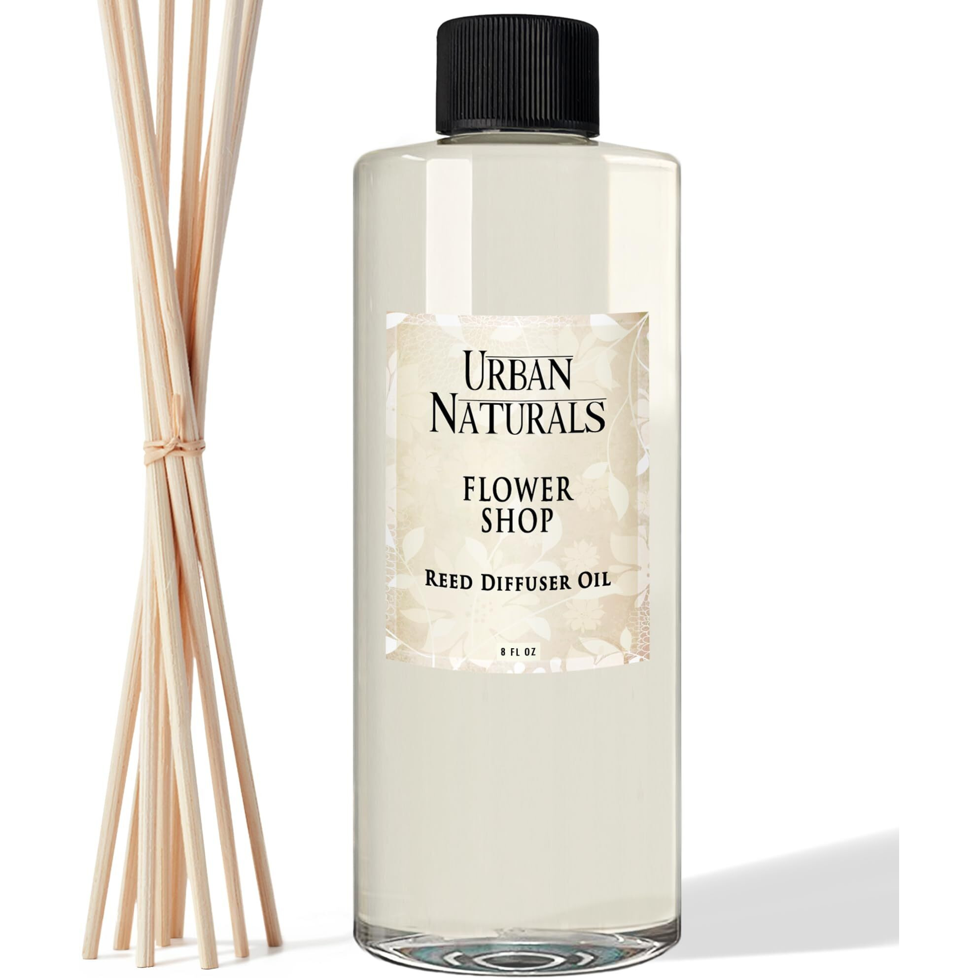 Urban Naturals Reed Diffuser Oil Refill Flower Shop With Violets, Daisies, Green Stems, Hyacinth, Rose 8 Oz + Free Reed Sticks, Made In The Usa