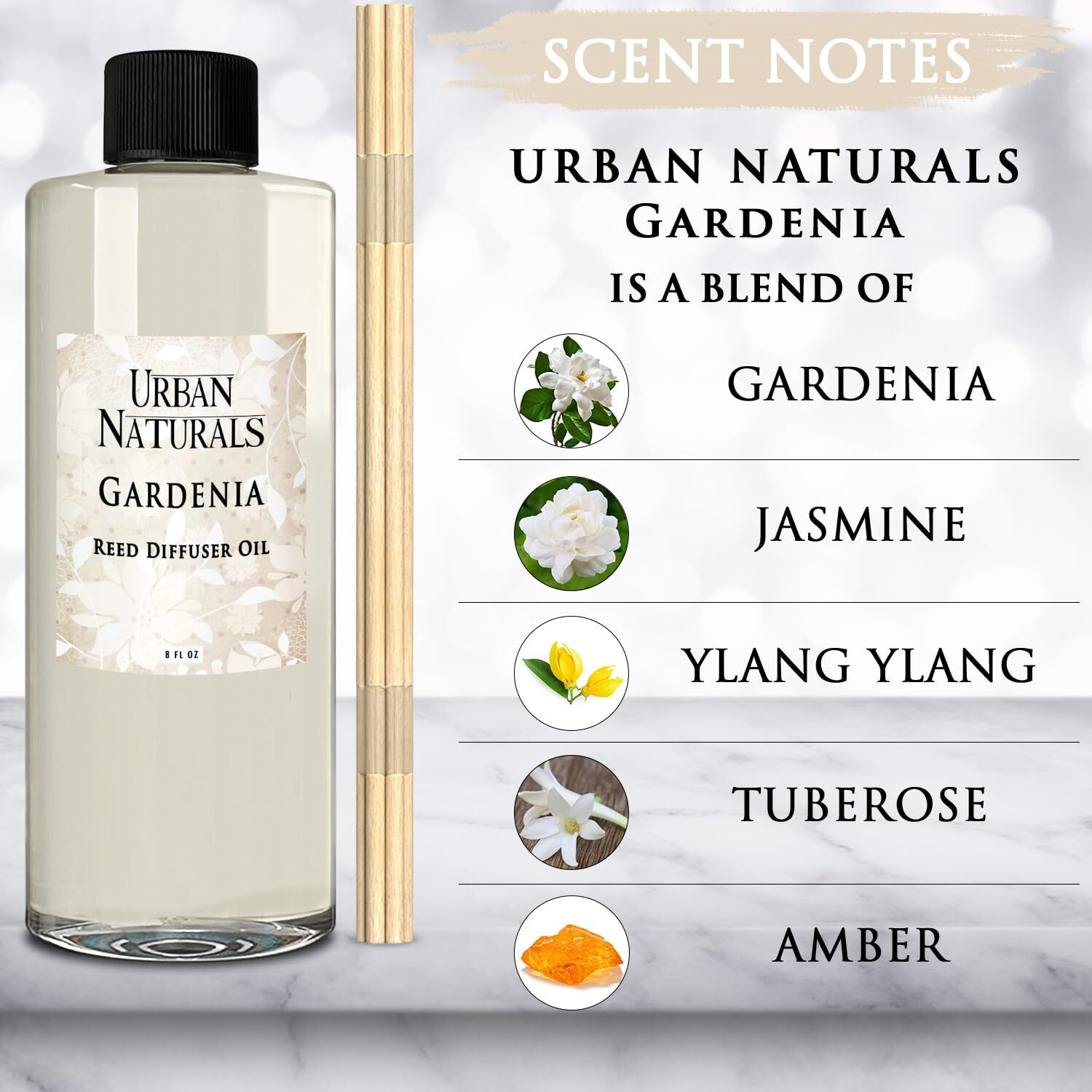 Urban Naturals Reed Diffuser Oil Refill Flower Shop With Violets, Daisies, Green Stems, Hyacinth, Rose 8 Oz + Free Reed Sticks, Made In The Usa