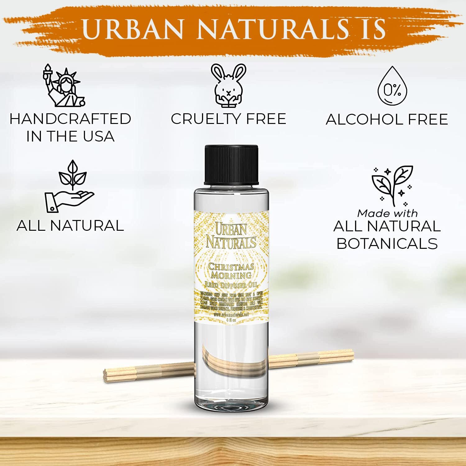 Urban Naturals Reed Diffuser Oil Refill Christmas Morning, Rosemary, Eucalyptus, Balsam Spruce, Orange, Essential Oils, 4 Oz + Free Reed Sticks, Made In The Usa