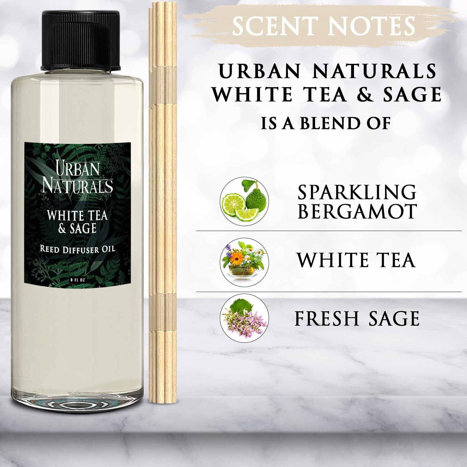 Urban Naturals Reed Diffuser Oil Refill White Tea Sage With Bergamot, Soft Herbal Notes 8 Oz + Free Reed Sticks, Made In The Usa