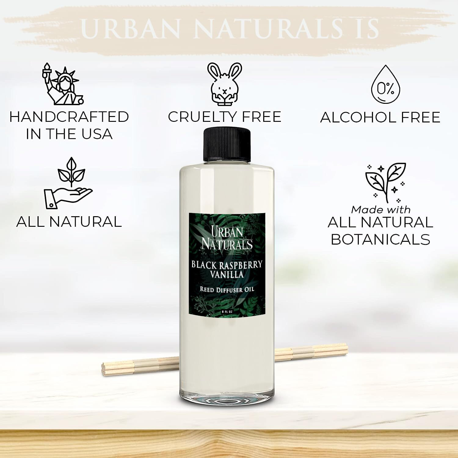 Urban Naturals Reed Diffuser Oil Refill White Tea Sage With Bergamot, Soft Herbal Notes 8 Oz + Free Reed Sticks, Made In The Usa