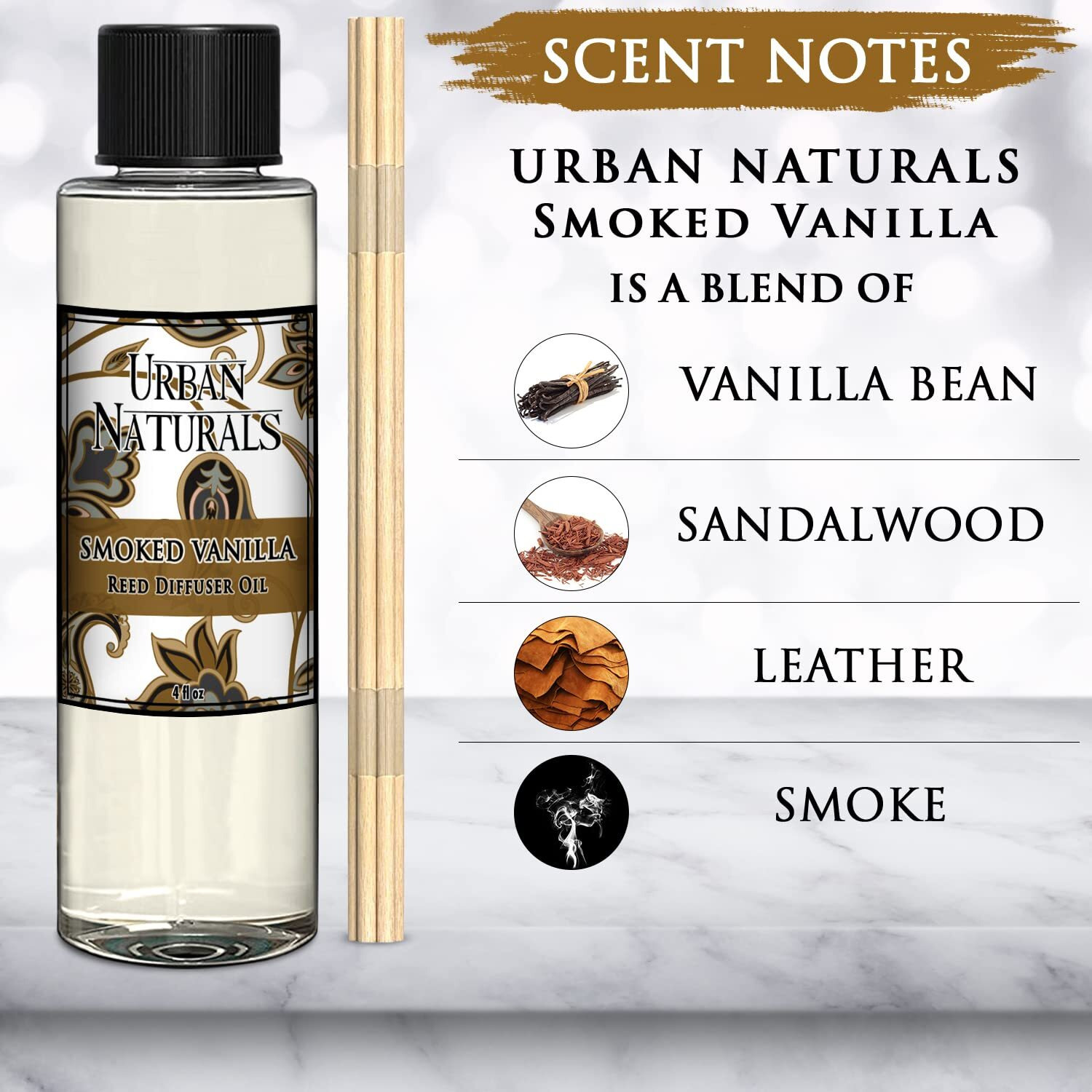 Urban Naturals Smoked Vanilla Scented Oil Reed Diffuser Refill With Free Set Of Reed Sticks A Vanilla Bean, Sandalwood & Leather Scent, 4 Oz