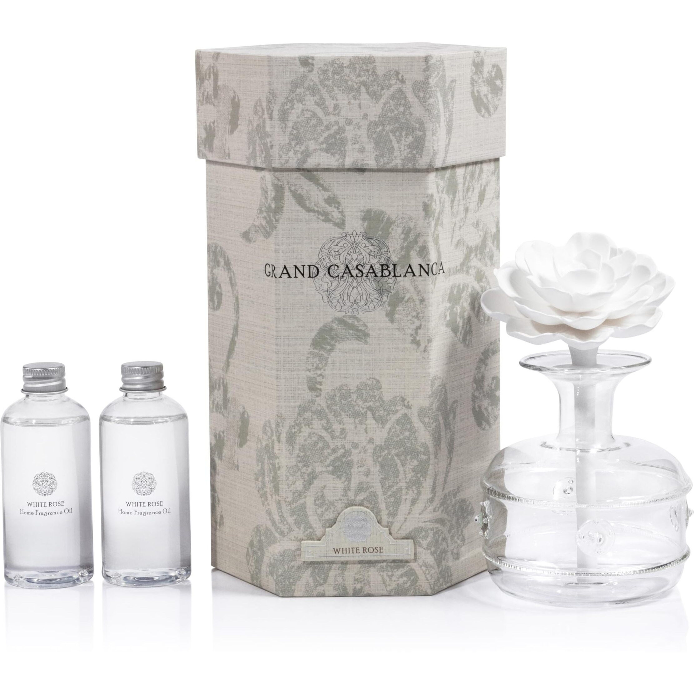 Zodax Grand Casablanca Reed Diffuser - Home Fragrance Oil Diffuser Ideal For Living Room, Bathroom, Office - Porcelain Flower Design - Gift Box Packaging Included - White Rose - 6.76 Oz.