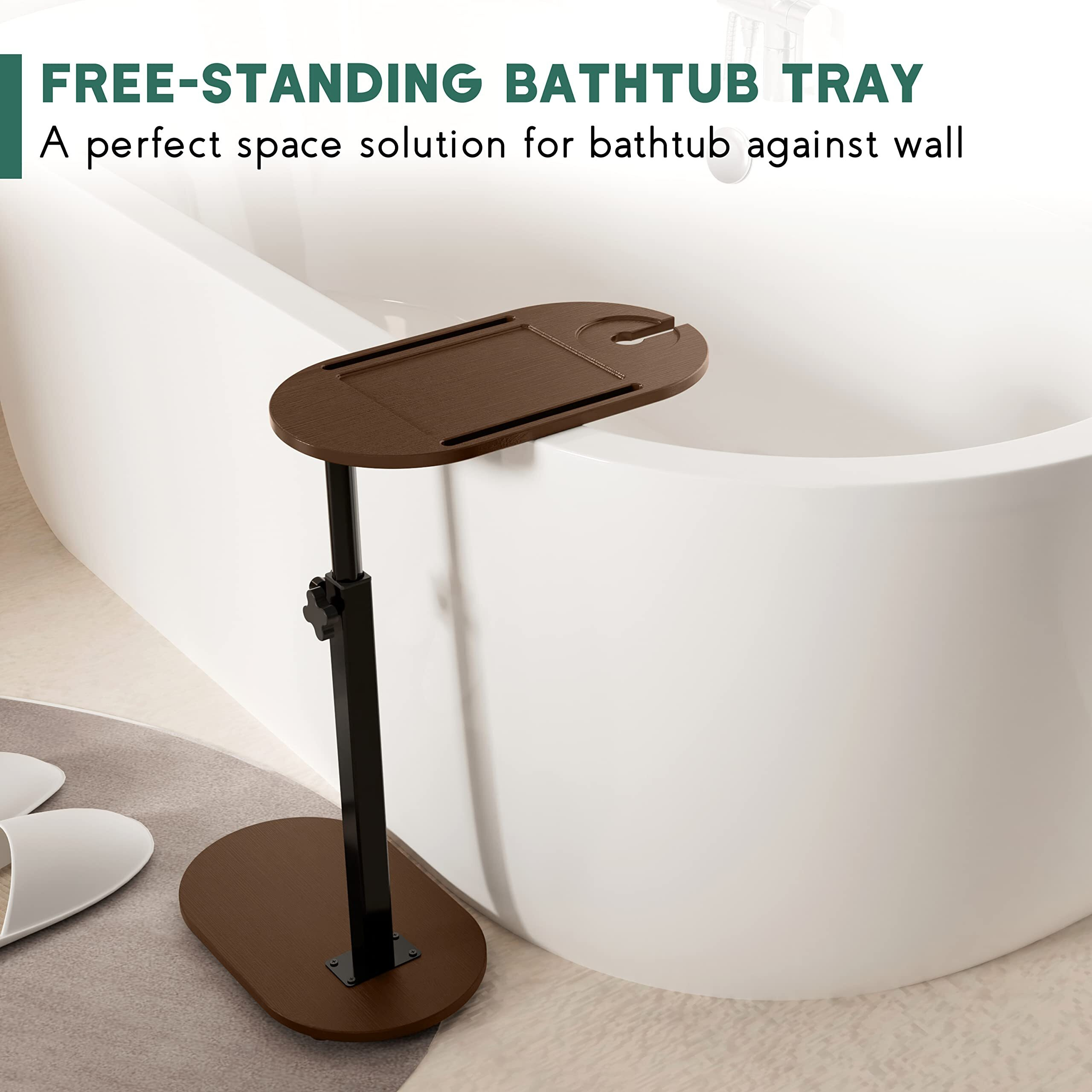 Yumkfoi Bamboo Bathtub Tray Table With Adjustable Height, Freestanding Bath Caddy Side Table For Tub Against Wall, Tub Shelf With Wine Glass Phone Holder, Functional Tray - Patent Protected (Brown)