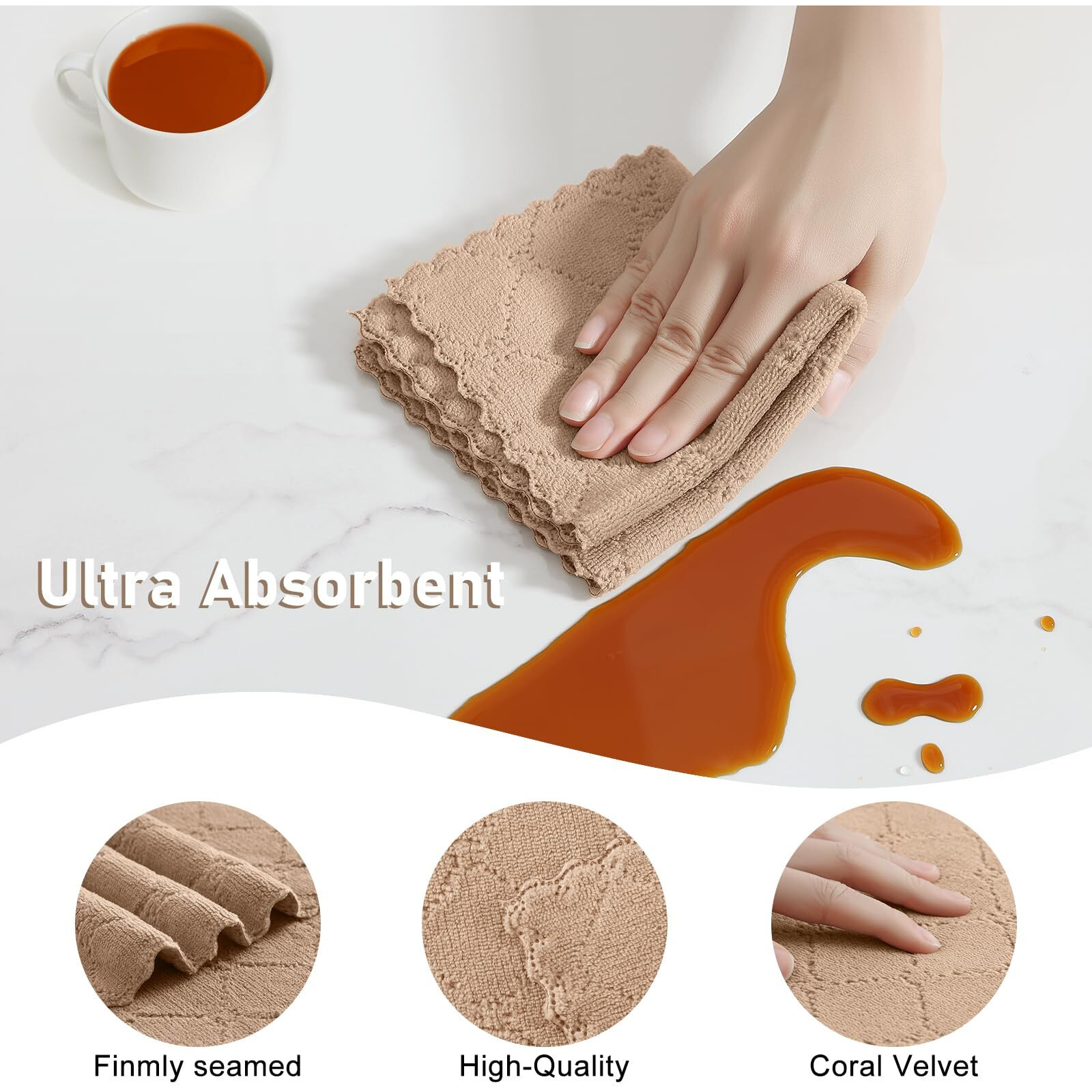 Homaxy Kitchen Towels And Dishcloths Set, 10 X 10 And 13 X 19 Inches, Set Of 12 Super Soft And Absorbent Coral Velvet Kitchen Towels, No Lint And Nonstick Oil Fast Drying Dish Towel, Tan