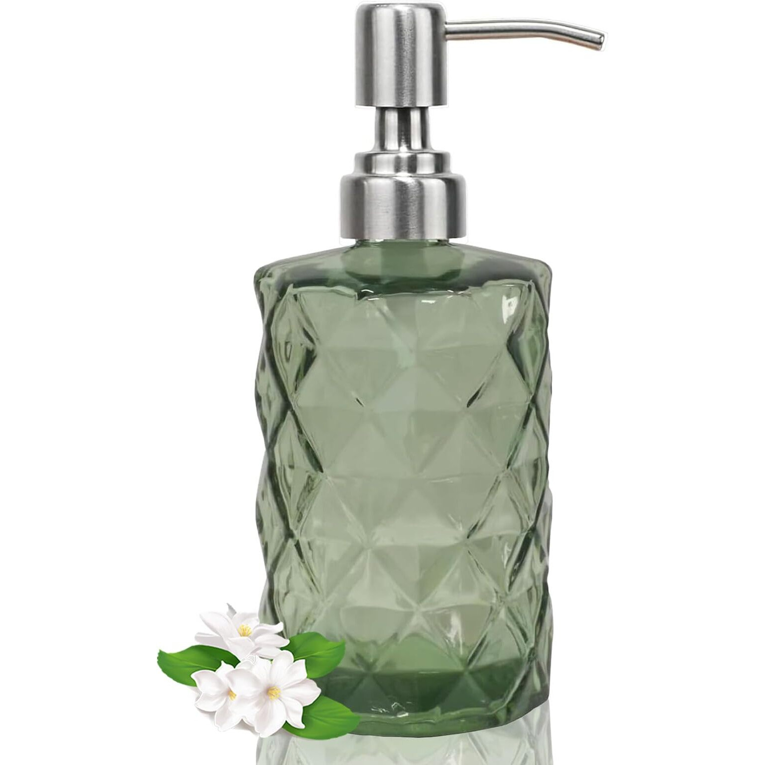 12Oz Green Glass Soap Dispenser With Stainless Steel Pump, Refillable Kitchen Liquid Hand Soap Dispenser With Diamond Design, For Dispense Hand Soap, Dish Soap, Lotion, Bathroom, Countertop, Hotel