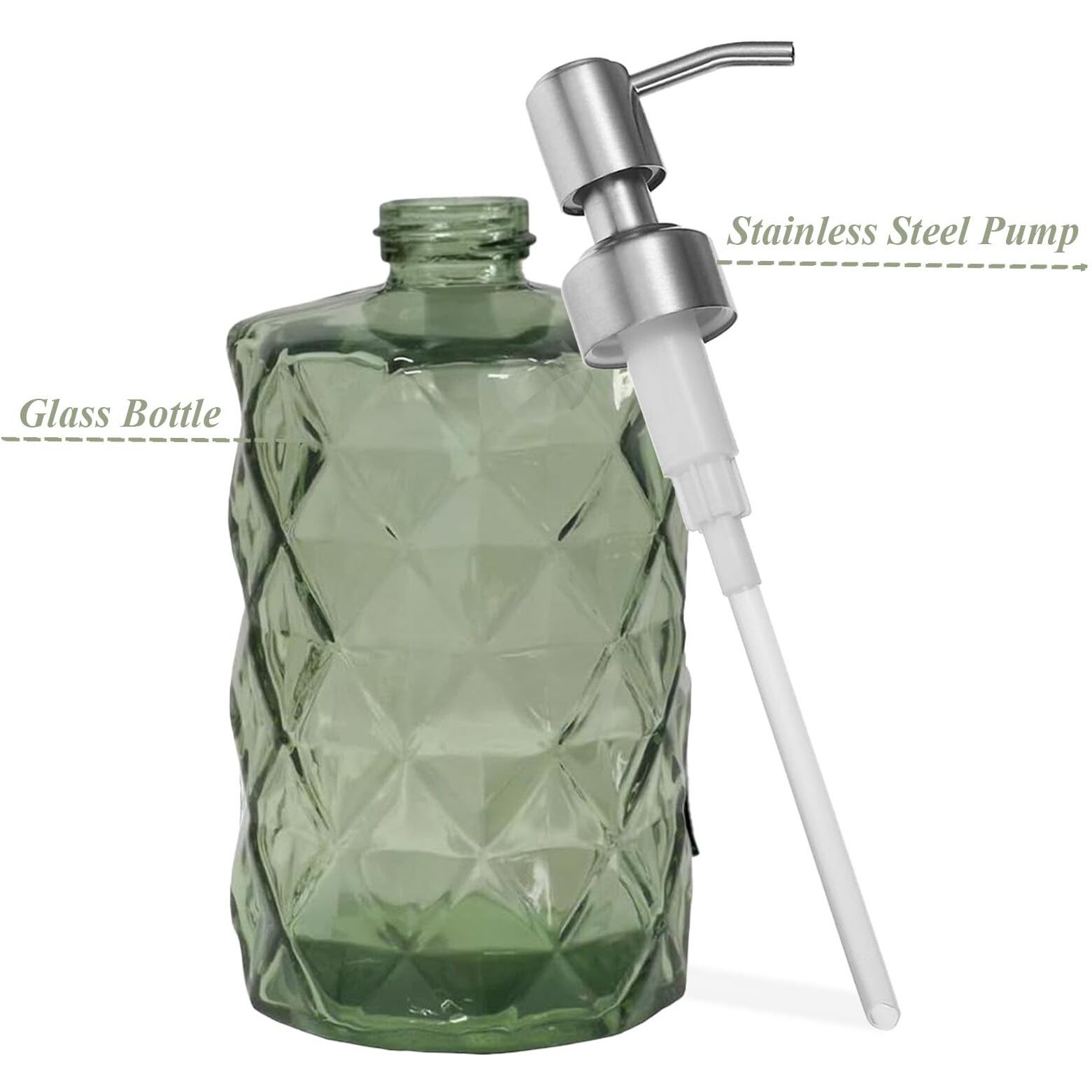 12Oz Green Glass Soap Dispenser With Stainless Steel Pump, Refillable Kitchen Liquid Hand Soap Dispenser With Diamond Design, For Dispense Hand Soap, Dish Soap, Lotion, Bathroom, Countertop, Hotel