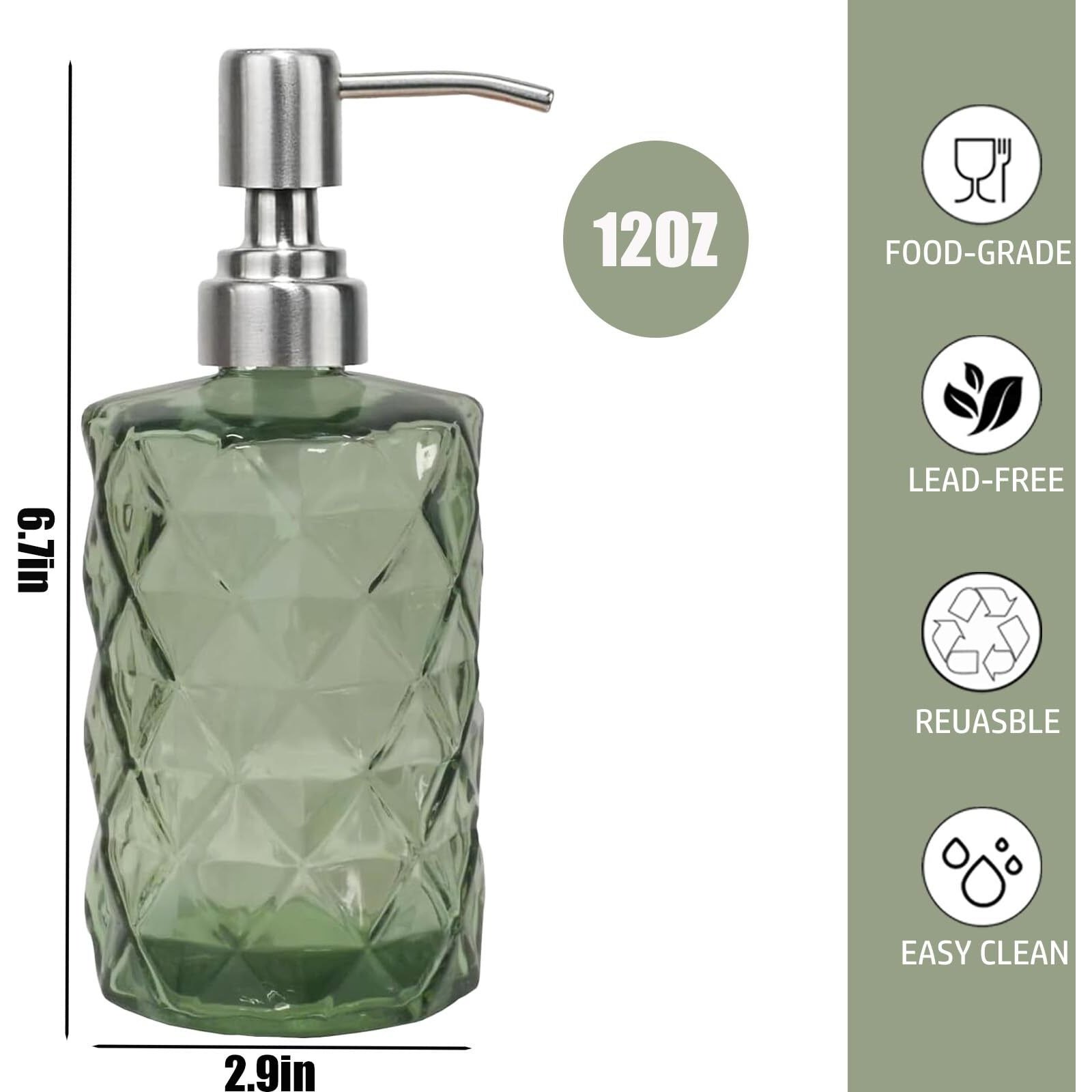 12Oz Green Glass Soap Dispenser With Stainless Steel Pump, Refillable Kitchen Liquid Hand Soap Dispenser With Diamond Design, For Dispense Hand Soap, Dish Soap, Lotion, Bathroom, Countertop, Hotel