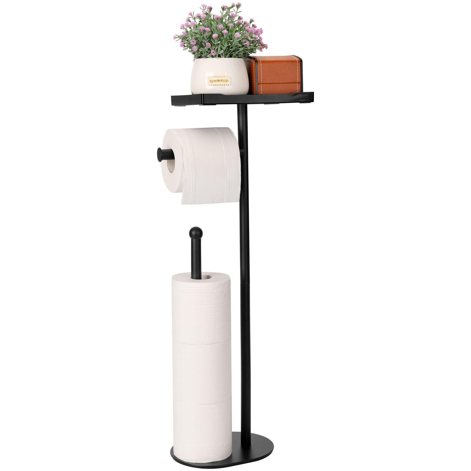 Kingmate Free Standing Toilet Paper Holder Stand With Phone Shelf, Holds 5 Paper Rolls, Black Tissue Roll Holder For Bathroom, Sturdy Engough For Potted Plants