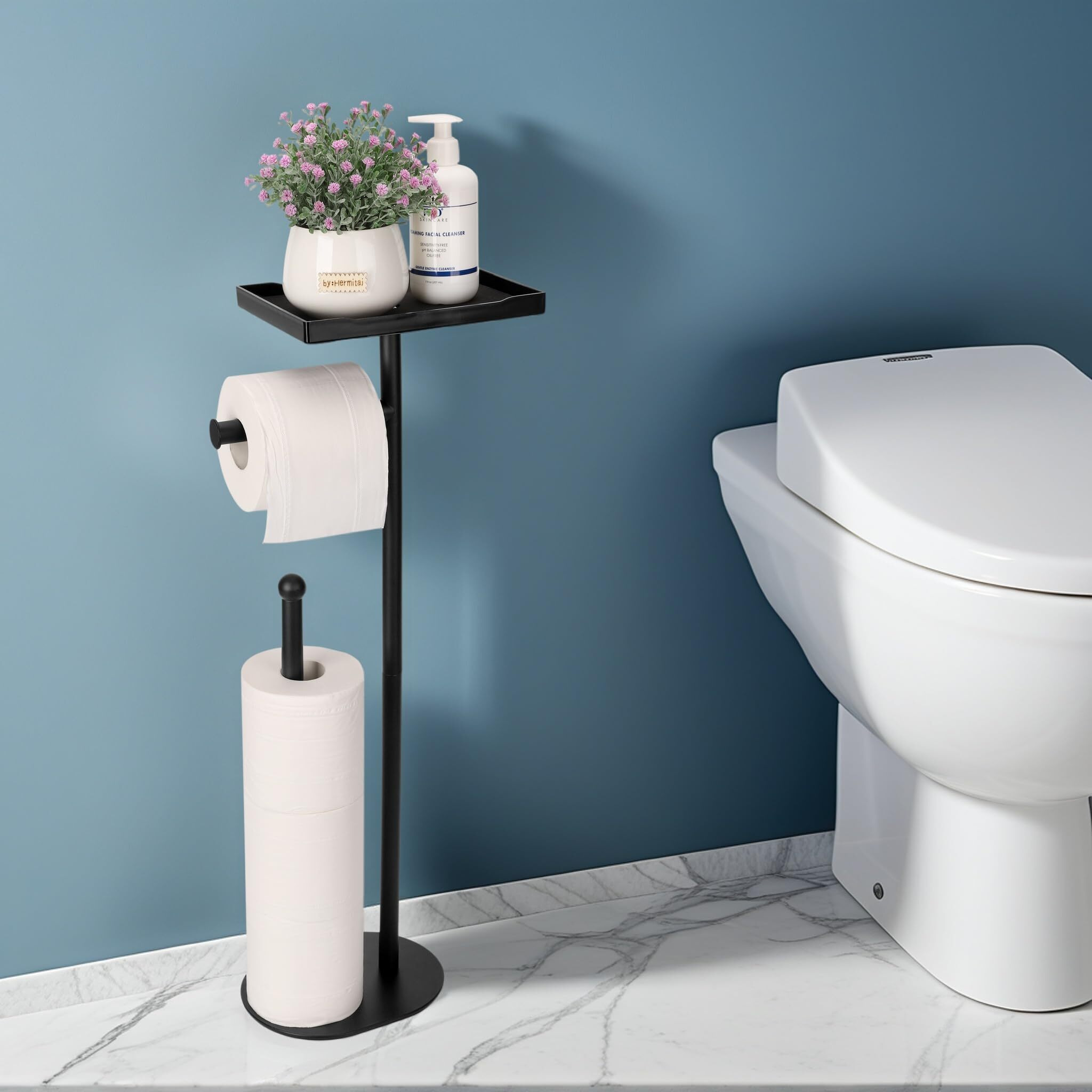 Kingmate Free Standing Toilet Paper Holder Stand With Phone Shelf, Holds 5 Paper Rolls, Black Tissue Roll Holder For Bathroom, Sturdy Engough For Potted Plants