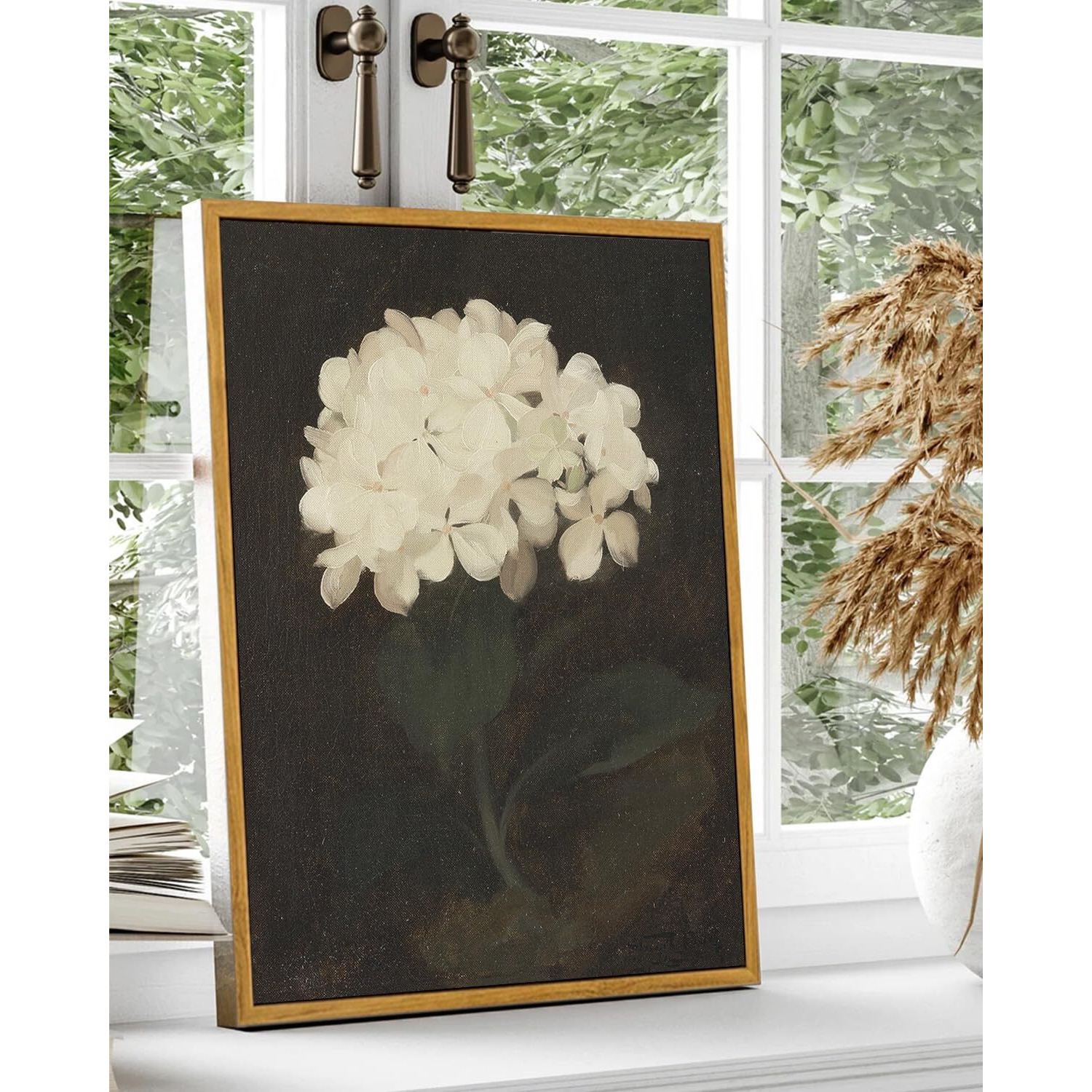 Kbkbart Framed Wall Art, Vintage White Hydrangea Still Life Flower Canvas Oil Painting Prints, Classical Floral Decor For Bedroom Bathroom Wall Pictures Artwork (16"&quotX24"")
