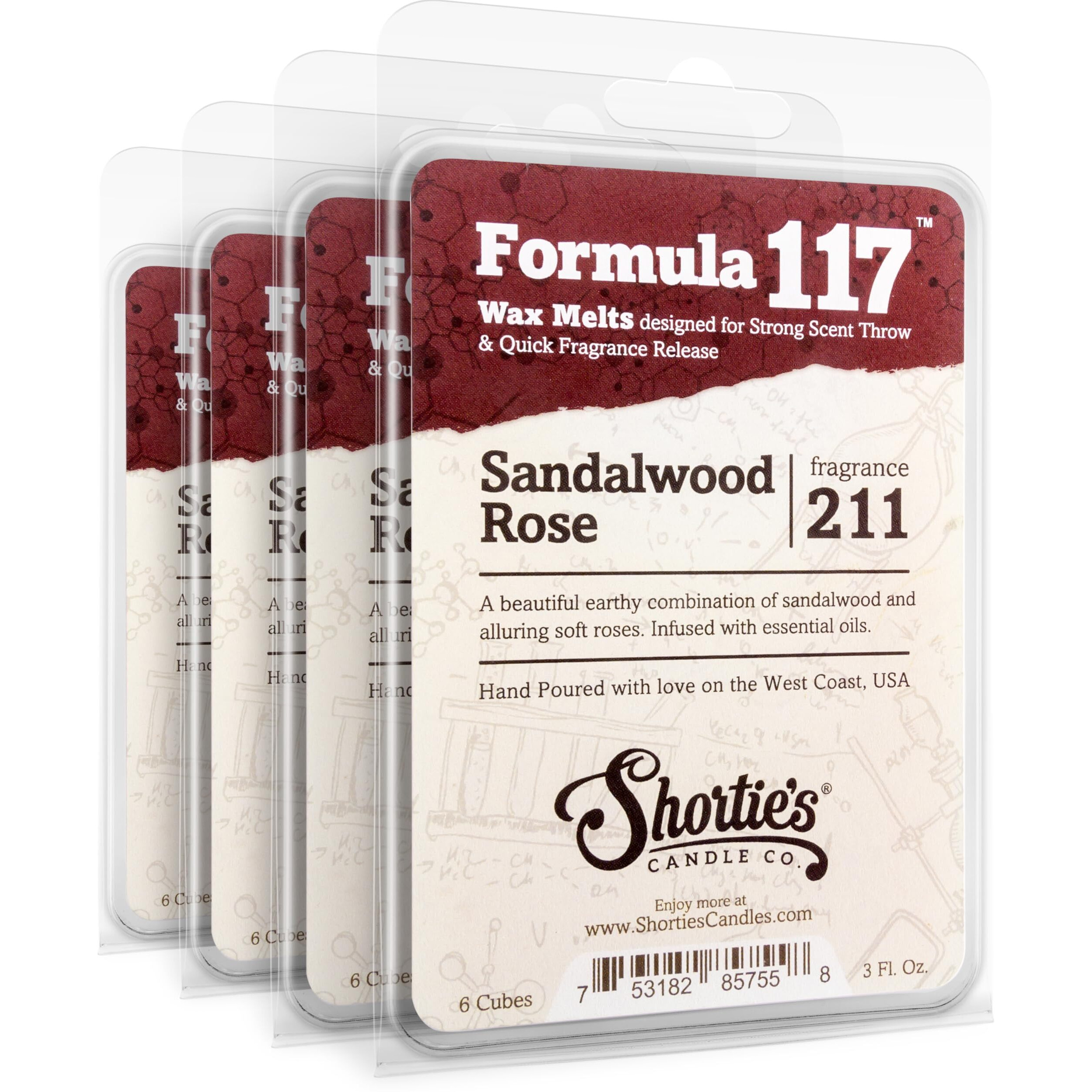Shortie's Candle Company Sandalwood Rose Wax Melts Bulk Pack - Formula 117-4 Highly Scented 3 Oz. Bars (12 Oz. Total) - Made With Natural Oils - Incense & Earth Air Freshener Cubes Collection