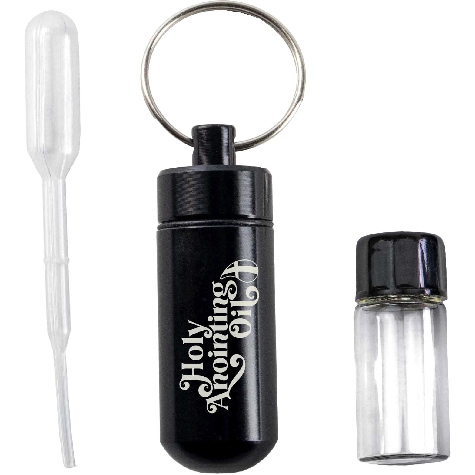 Anointing Oil Bottle Accessory Kit, Black Keychain Container, Plastic Eyedropper & Small Empty Glass Vial, Screw Top Metal Holder, Protective Travel Set For Holy Oils, Botellas Para Aceite Ungido