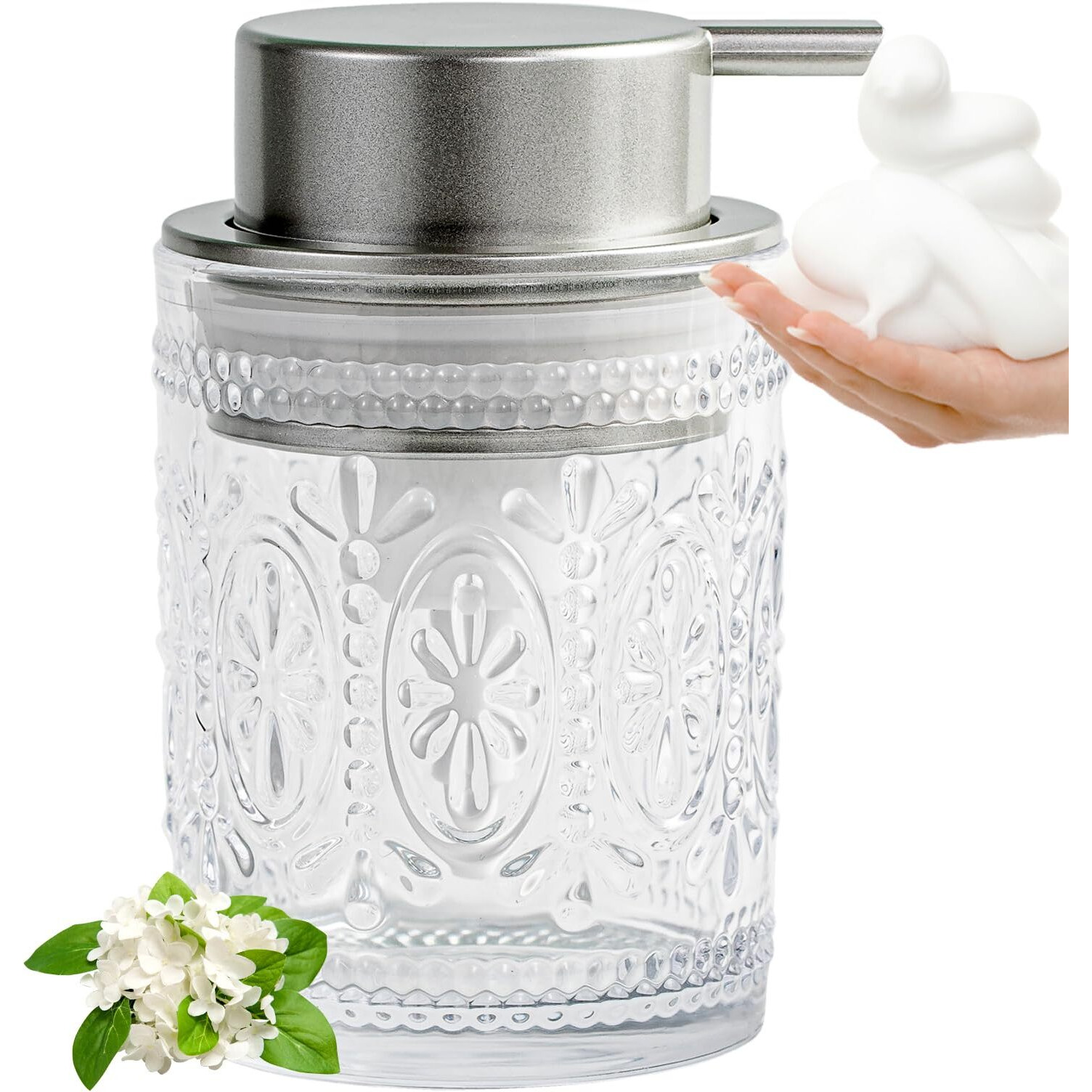 Azmoyac Glass Foam Soap Dispenser - Face Wash Dispenser For Bathroom, 8 Oz Clear Foaming Hand Soap Dispenser With Pump, Small Refillable Lotion Dish Dispenser For Kitchen, Matte Silver