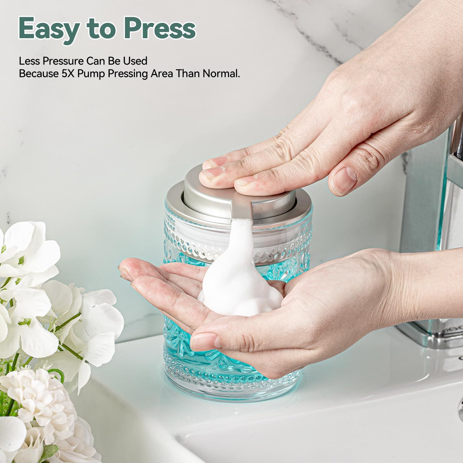 Azmoyac Glass Foam Soap Dispenser - Face Wash Dispenser For Bathroom, 8 Oz Clear Foaming Hand Soap Dispenser With Pump, Small Refillable Lotion Dish Dispenser For Kitchen, Matte Silver