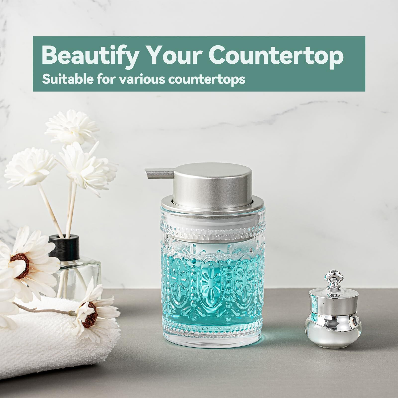 Azmoyac Glass Foam Soap Dispenser - Face Wash Dispenser For Bathroom, 8 Oz Clear Foaming Hand Soap Dispenser With Pump, Small Refillable Lotion Dish Dispenser For Kitchen, Matte Silver