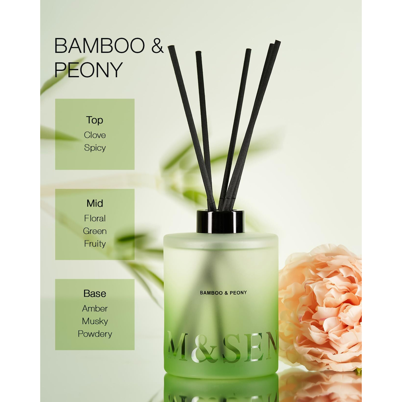 M&Sense Bamboo Peony Reed Diffuser Set - 16.9 Fl Oz Non-Toxic Natural Scented With Sticks, Long-Lasting Essential Oil Diffuser Gift For Bedroom, Bathroom & Office Decor