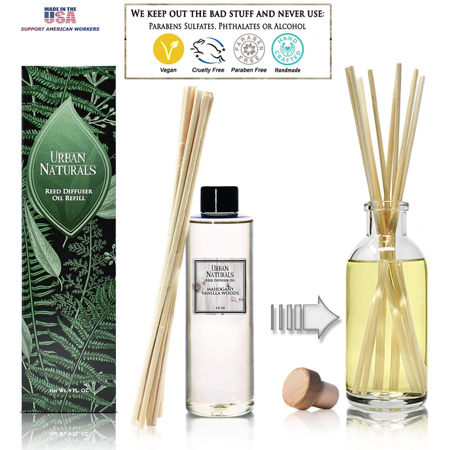 Urban Naturals Mahogany Vanilla Woods Scented Oil Reed Diffuser Refill With Free Set Of Reed Sticks. Fresh Mahogany, Smoked Vanilla And Clean Lavender Scent Notes For A Clean Smelling Home, 4 Oz