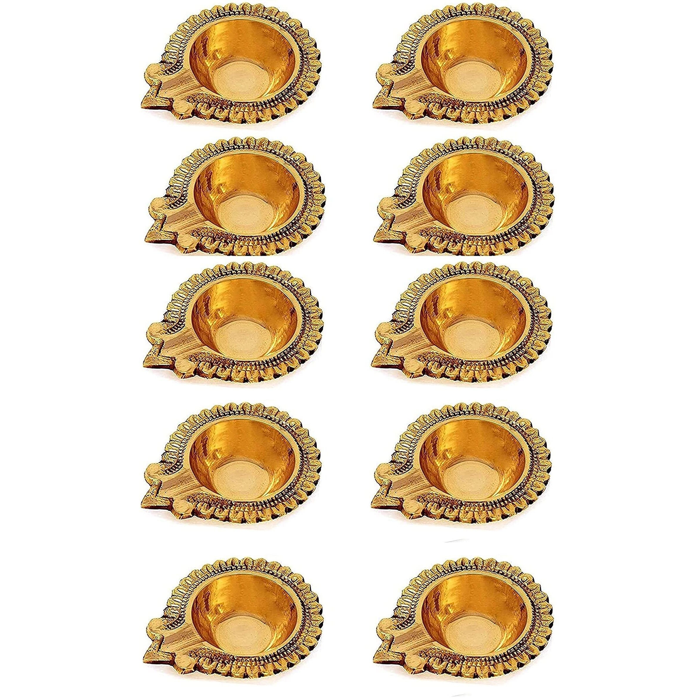 Satvik 10 Pc Lakshmi Deepak For Diwali Decoration Handmade Oil Lamp Golden Engraved Made Of Virgin Brass Metal Vilakku For Puja Traditional Indian Deepawali Housewarming Return Gift Item