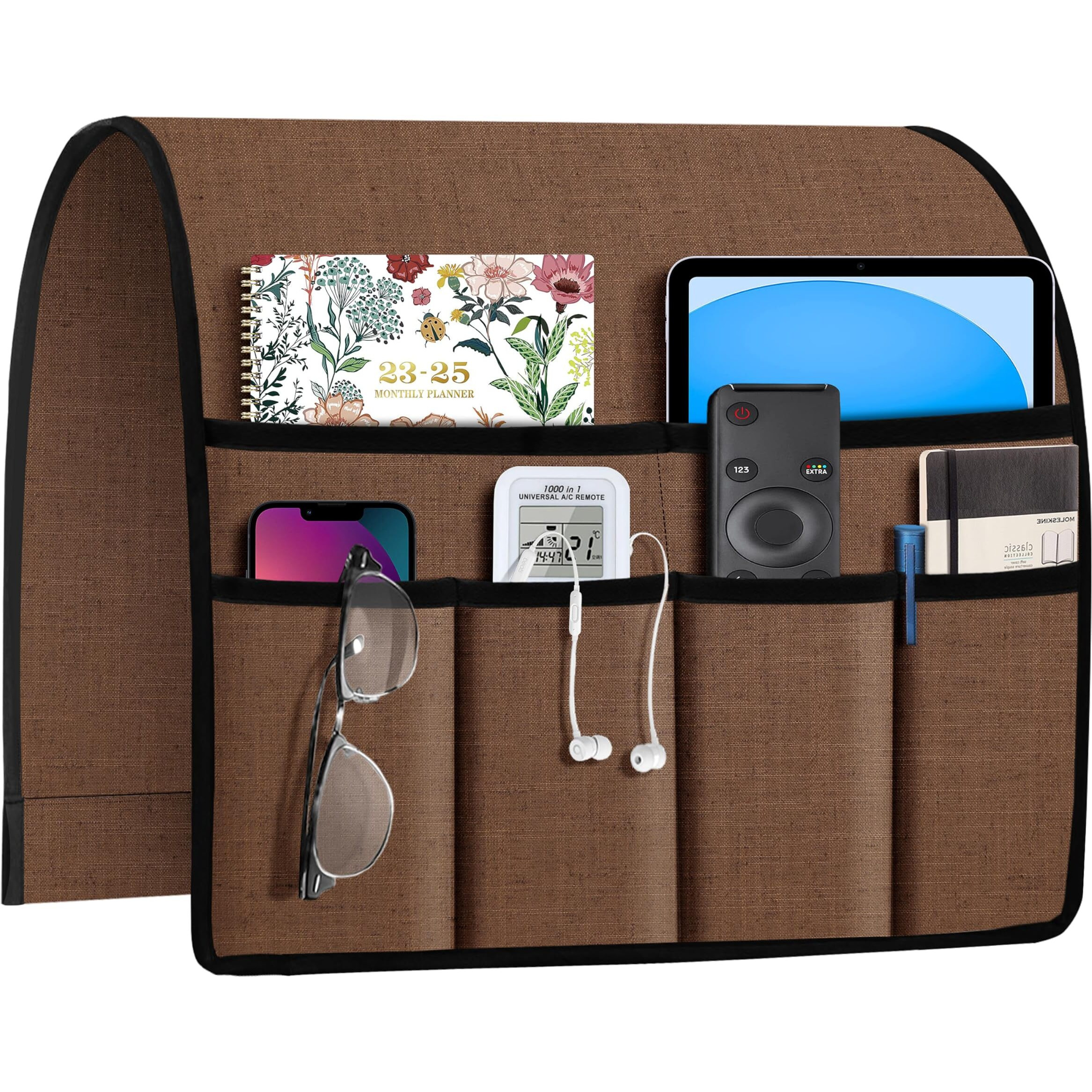 Joywell Remote Holder For Recliner Armchair Caddy Couch Armrest Non Slip Sofa Arm Chair Caddie With 6 Pocket For Magazine, Tablet, Phone, Ipad, Think Linen, Caramel Brown