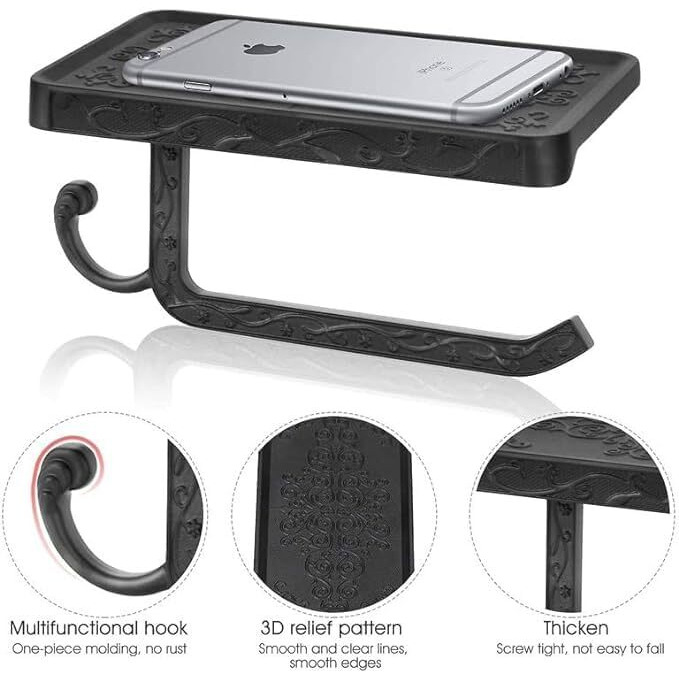 Antique Brass Toilet Paper Holder With Shelf, Aluminum Wall Mount Toilet Tissue Holder With Cell Phone Storage And Hook,Bathroom Toilet Paper Holder Modern Style & Rustproof(Black)
