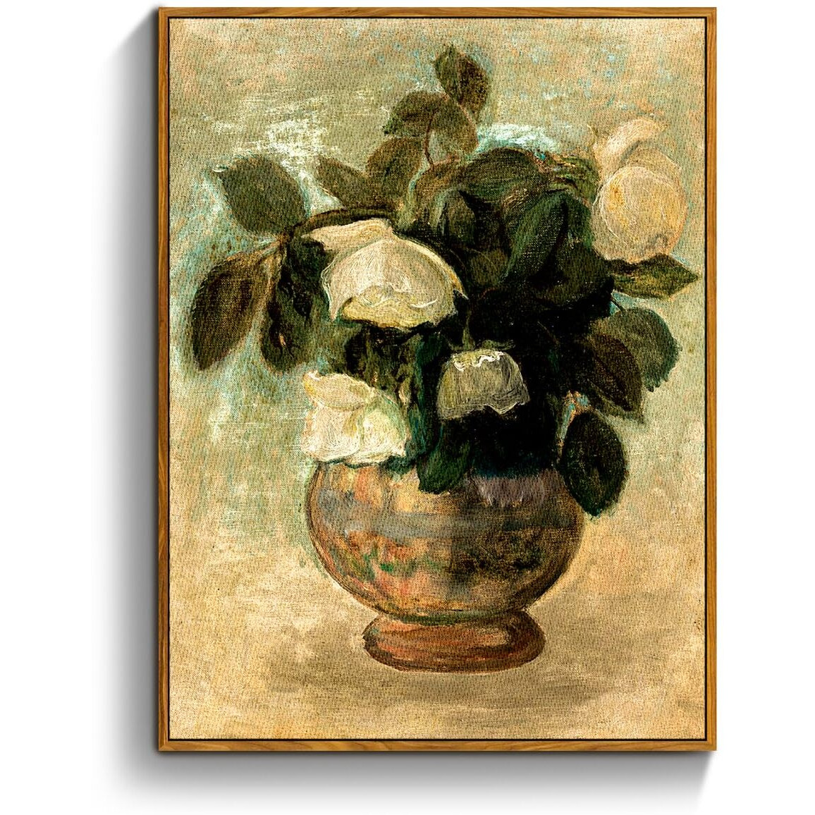 Crmotu Vintage Framed Wall Art, White Rose Classical Oil Paintings, Botanical Floral Canvas Prints, French Country Aesthetic Pictures Wall Decor Living Room Bedroom Kitchen Office Farmhouse 12X16In