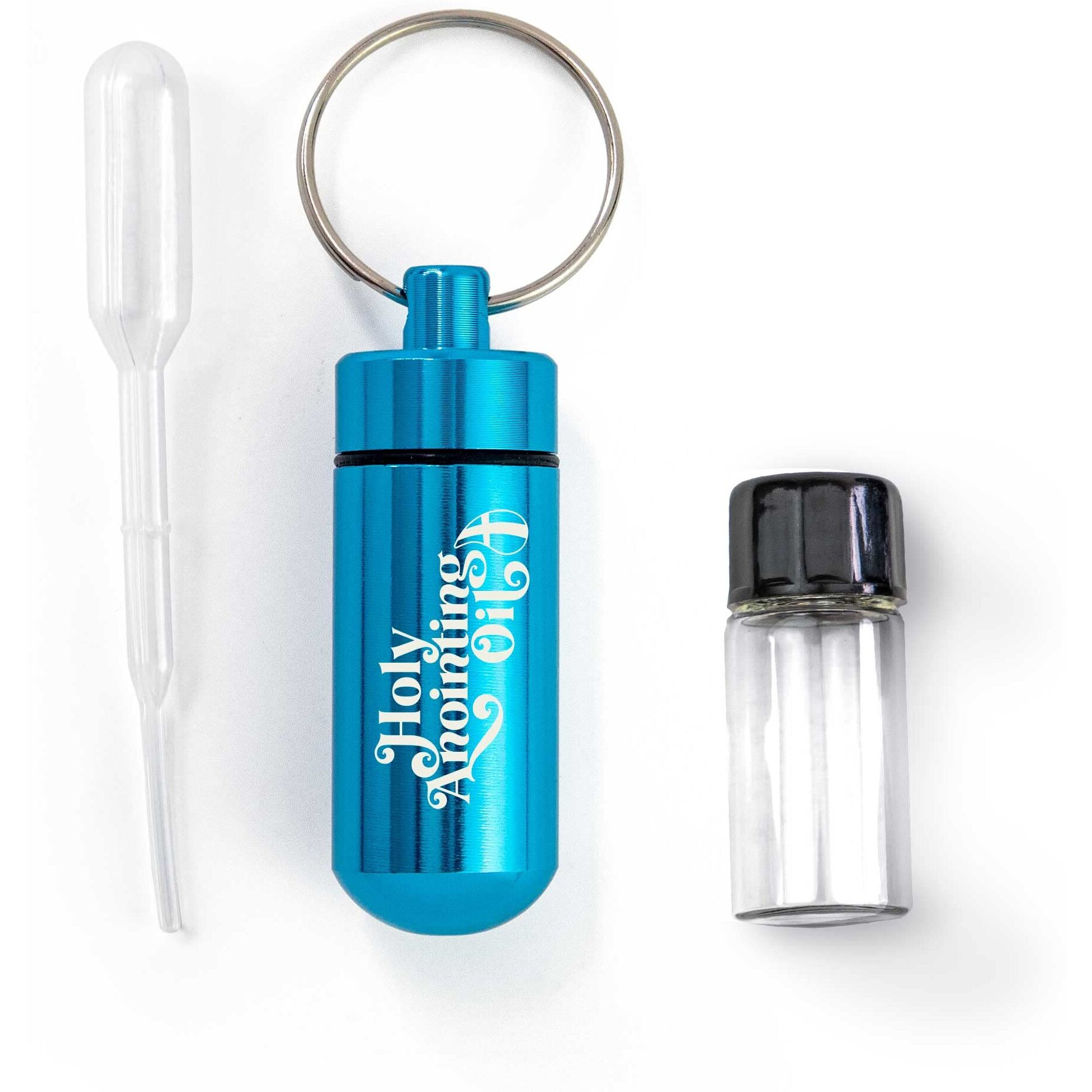 Anointing Oil Bottle Accessory Kit, Aqua Keychain Container, Plastic Eyedropper & Small Empty Glass Vial, Screw Top Metal Holder, Protective Travel Set For Holy Oils, Botellas Para Aceite Ungido